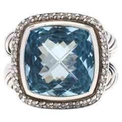 Vintage David Yurman 13.85ctw Blue Topaz and Diamond Ring, SterlingSilver 18k White Gold