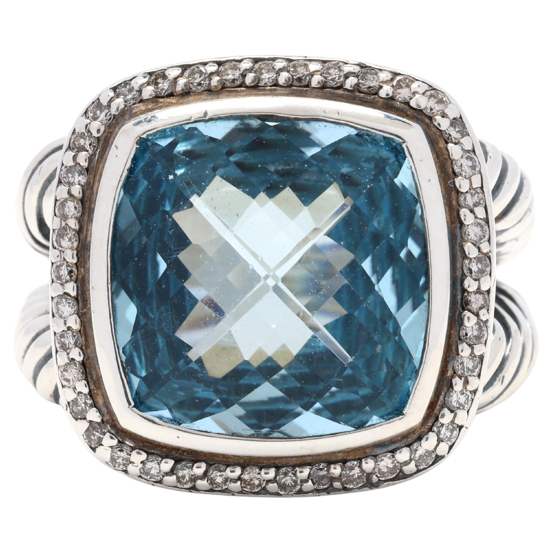 Anello David Yurman con topazio blu e diamanti da 13,85 carati, argento sterling e oro bianco 18 carati