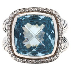 David Yurman 13,85 Karat Blauer Topas und Diamantring, Sterlingsilber 18k Weißgold