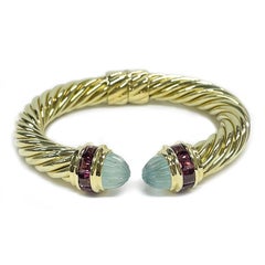 David Yurman 14 Karat Aquamarine Pink Tourmaline Cable Cuff