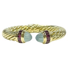 David Yurman 14 Karat Aquamarine Pink Tourmaline Cable Cuff