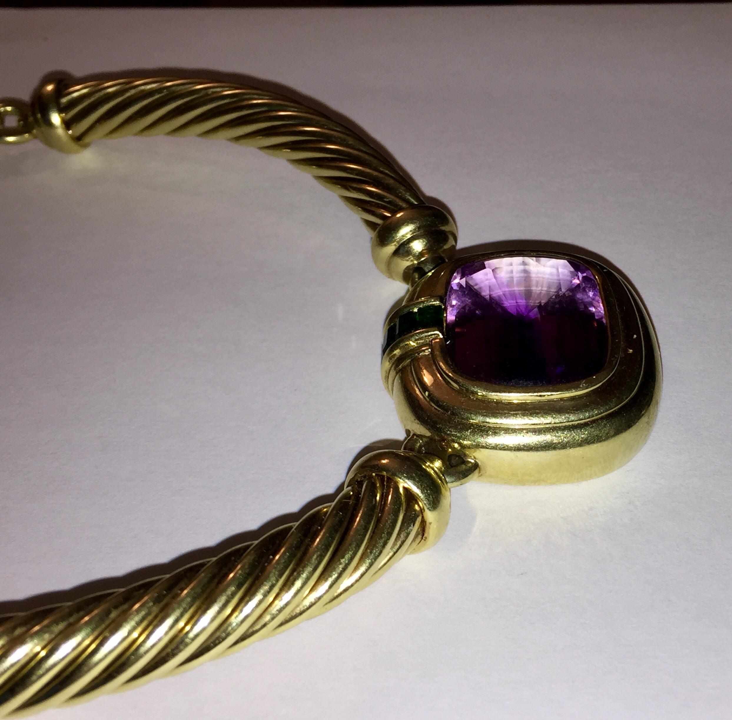 David Yurman 14 Karat Gold Cable Amethyst Green Tourmaline Necklace In Good Condition For Sale In New York, NY