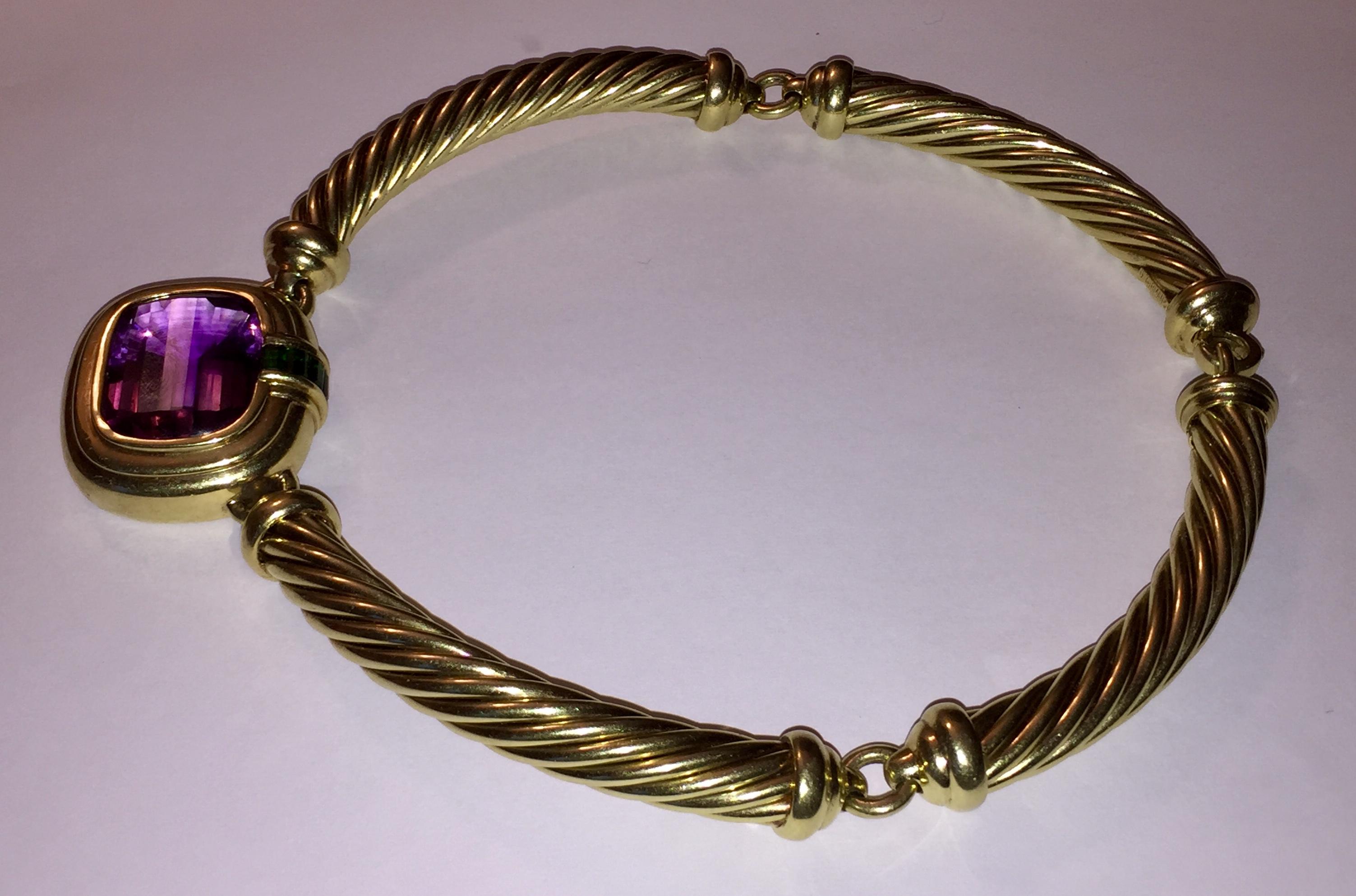 Women's David Yurman 14 Karat Gold Cable Amethyst Green Tourmaline Necklace For Sale