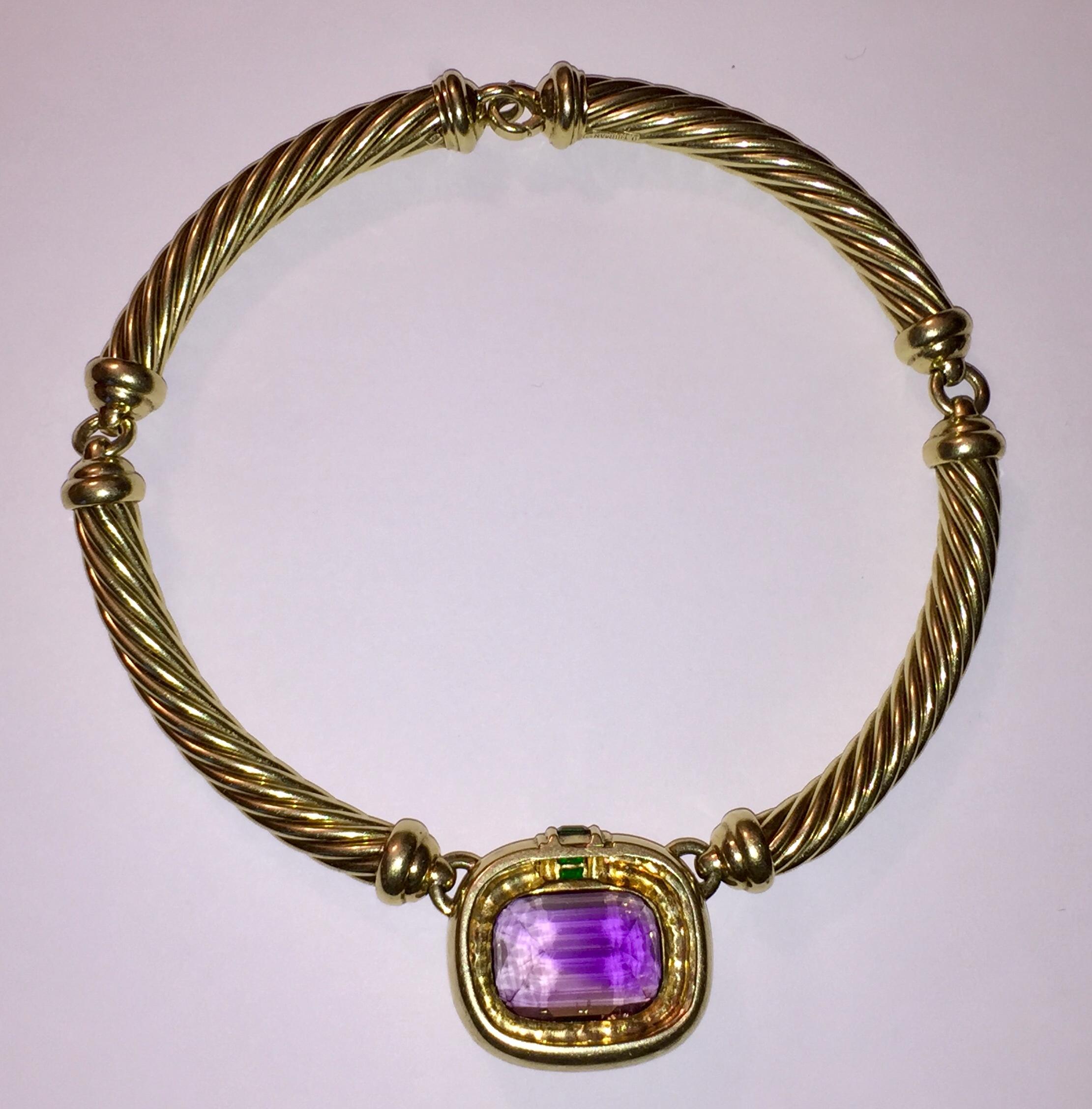 David Yurman 14 Karat Gold Cable Amethyst Green Tourmaline Necklace For Sale 3