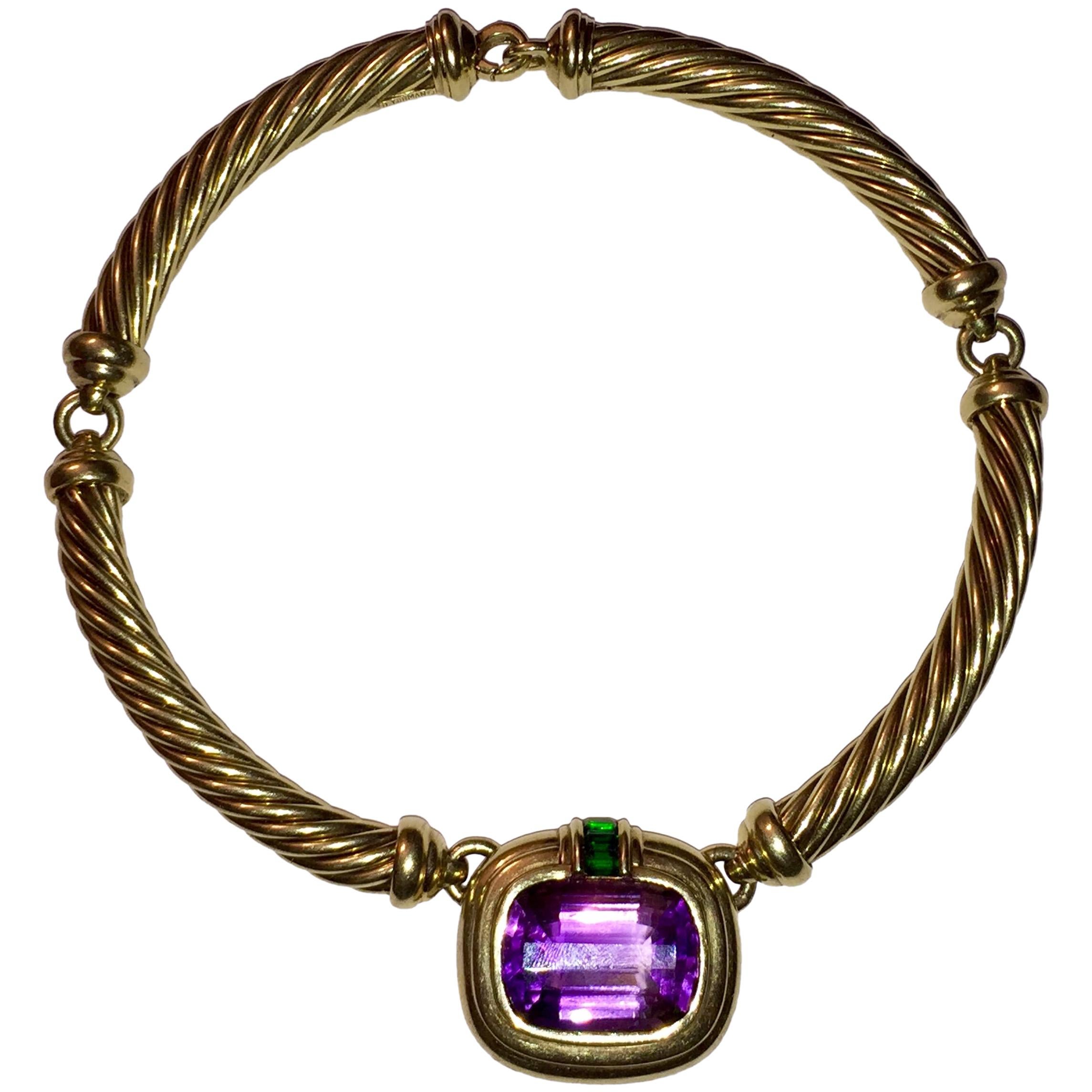 David Yurman 14 Karat Gold Cable Amethyst Green Tourmaline Necklace For Sale