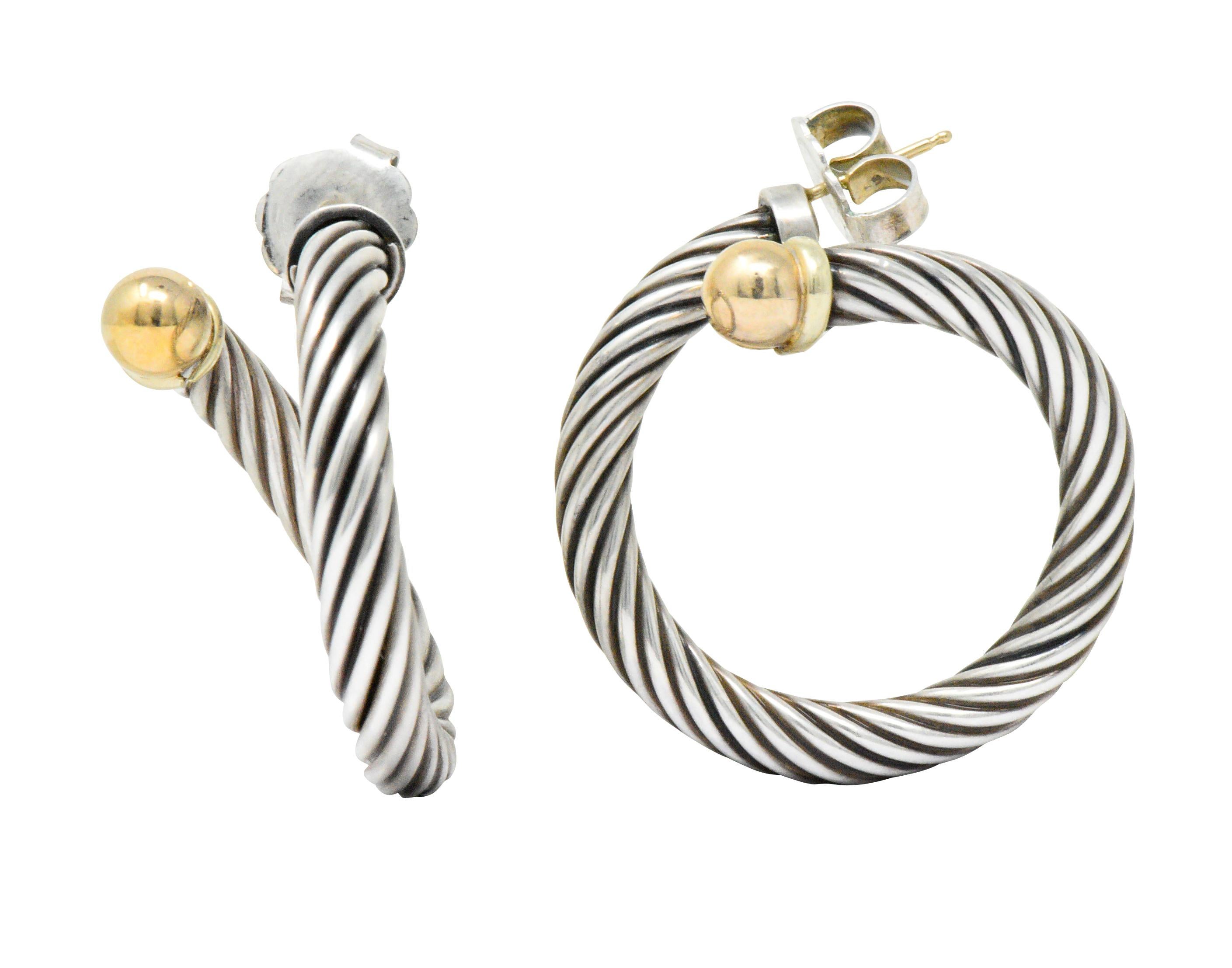 Modern David Yurman 14 Karat Gold Sterling Silver Large Cable Twist Hoop Earrings