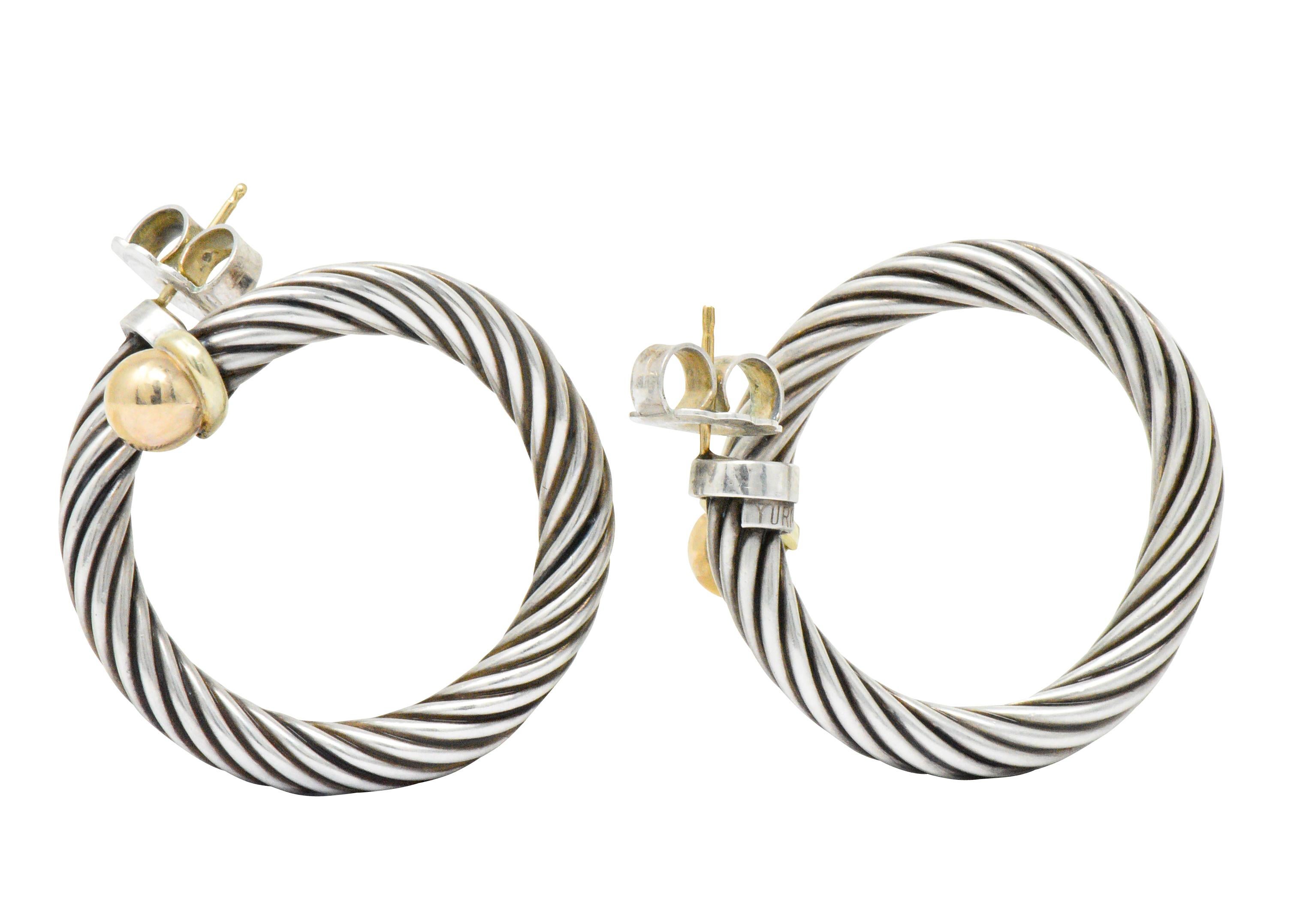 David Yurman 14 Karat Gold Sterling Silver Large Cable Twist Hoop Earrings In Excellent Condition In Philadelphia, PA