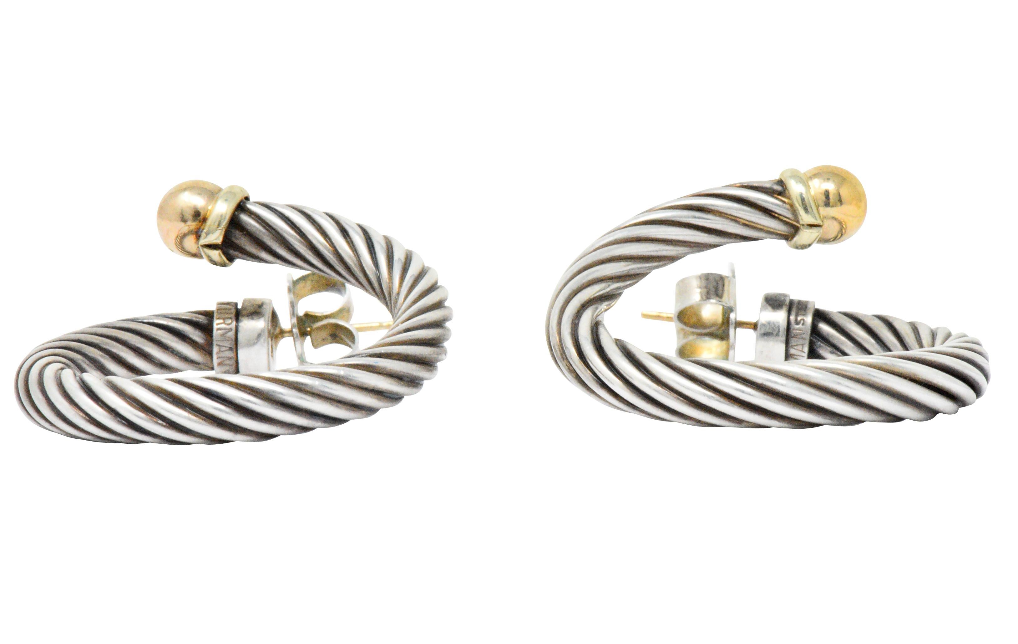 Women's or Men's David Yurman 14 Karat Gold Sterling Silver Large Cable Twist Hoop Earrings