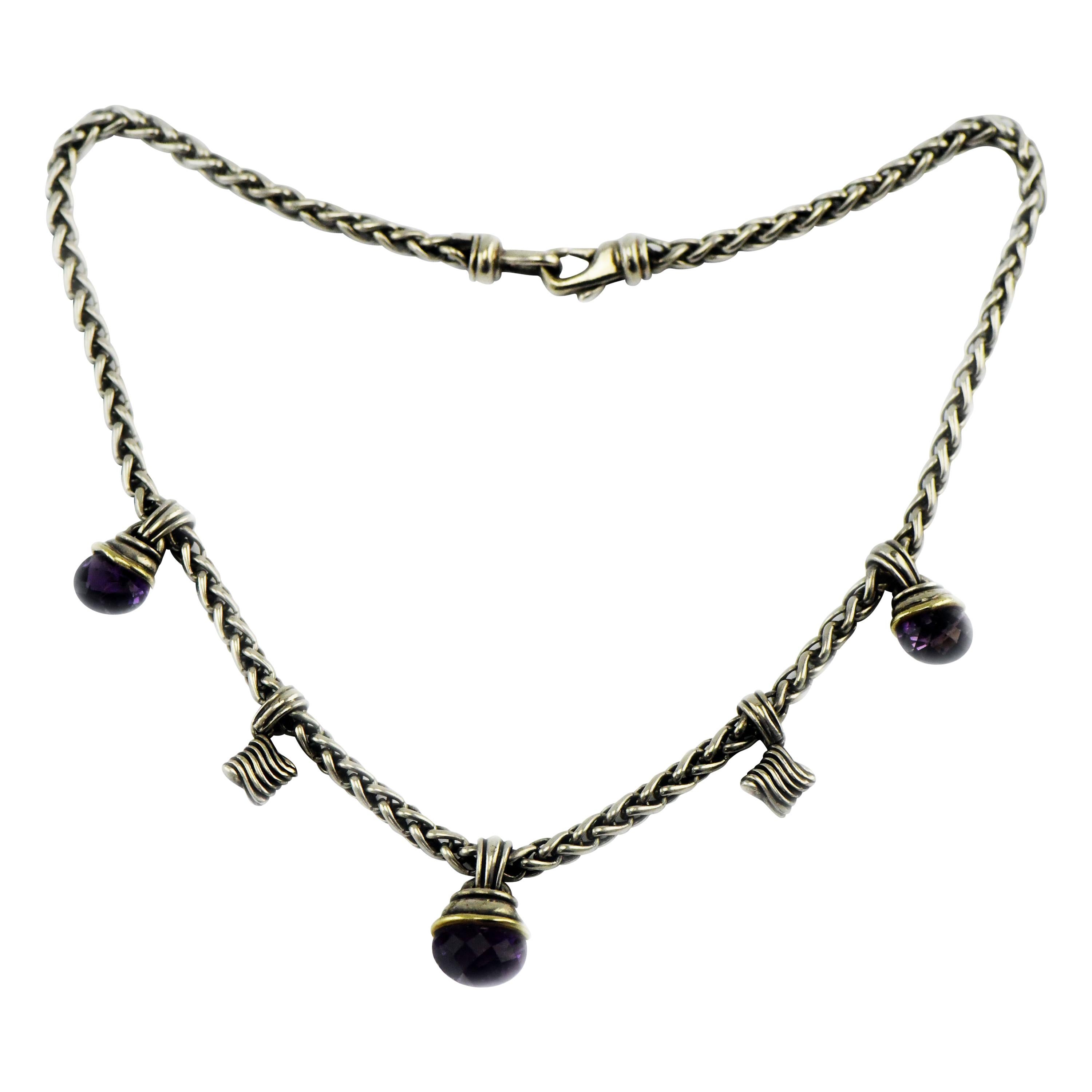 David Yurman 14 Karat Sterling Wheat Necklace with Faceted Amethyst Gems For Sale