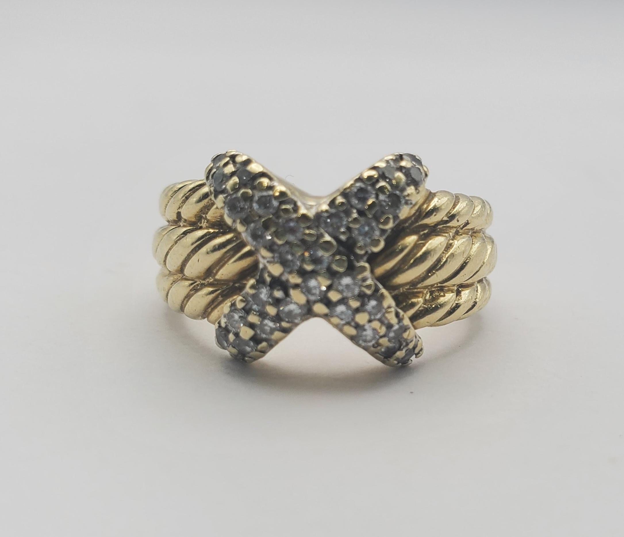 Women's or Men's David Yurman 14 Karat Two-Tone Diamond “X” Ring For Sale