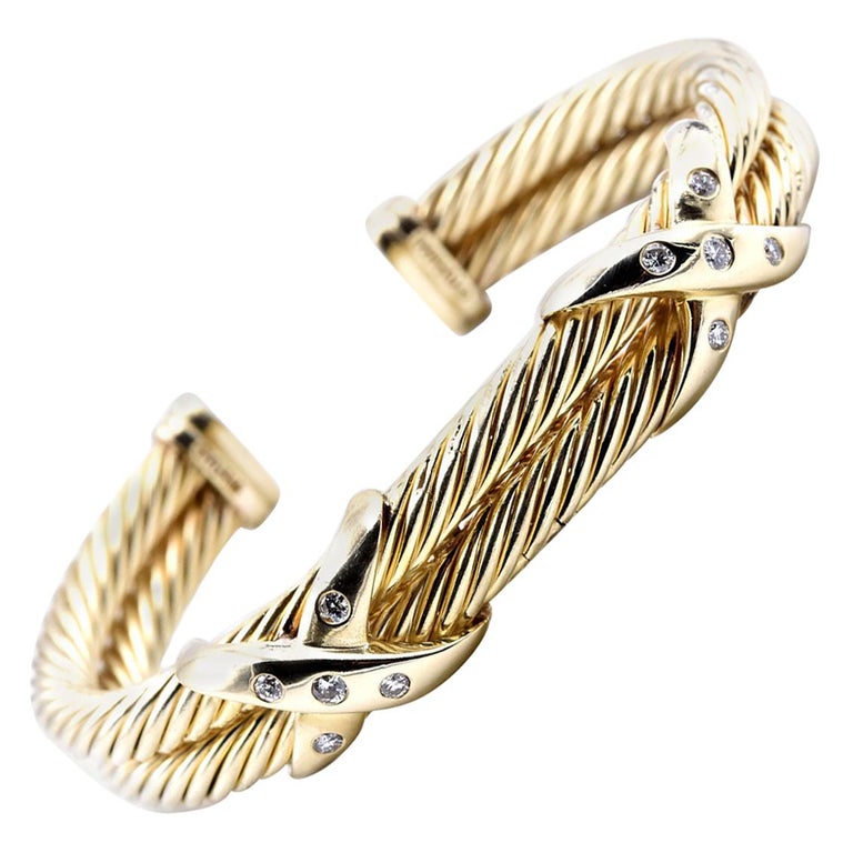 David Yurman 14 Karat Yellow Gold Diamond “X” Bangle Bracelet For Sale