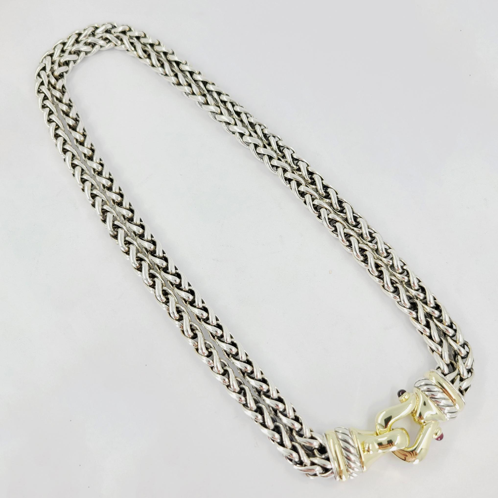 Pre-Owned David Yurman Sterling Silver & 14 Karat Yellow Gold Double Strand Wheat Chain Buckle Necklace Featuring Bezel Set Garnet Cabochon Ends. 17 Inches Long.  Original MSRP $2,350