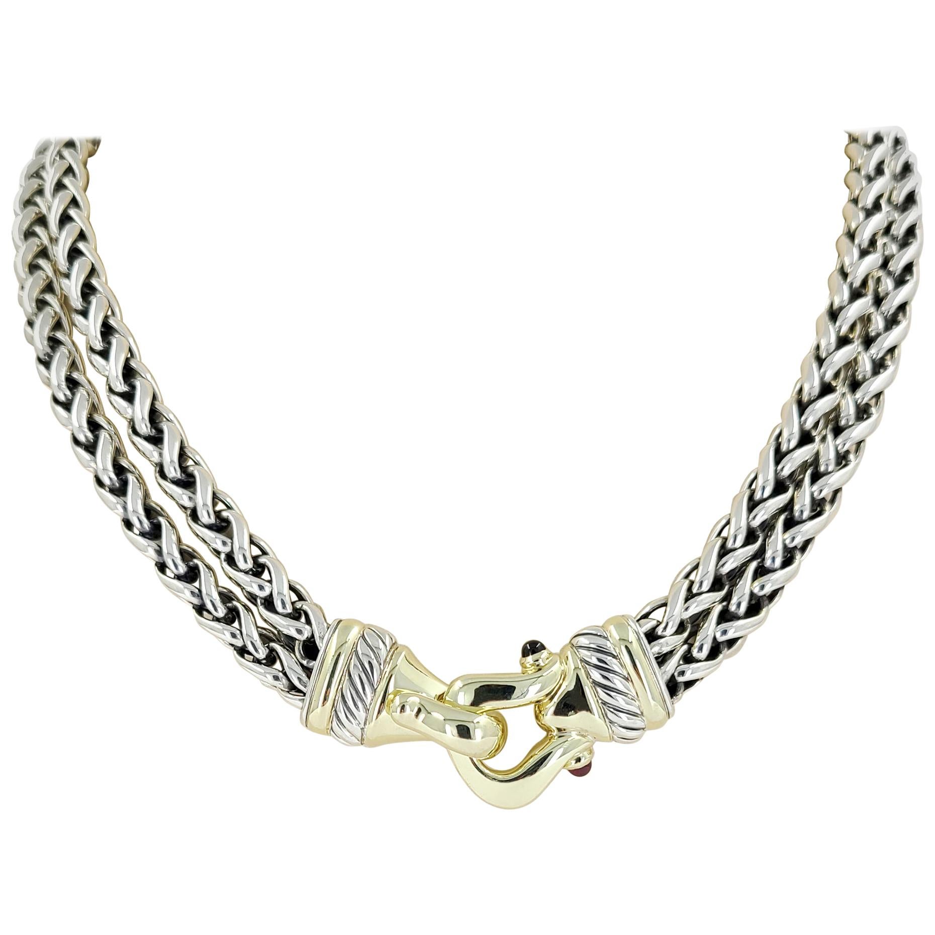 David Yurman Yellow Gold & Sterling Silver Double Chain Buckle Necklace