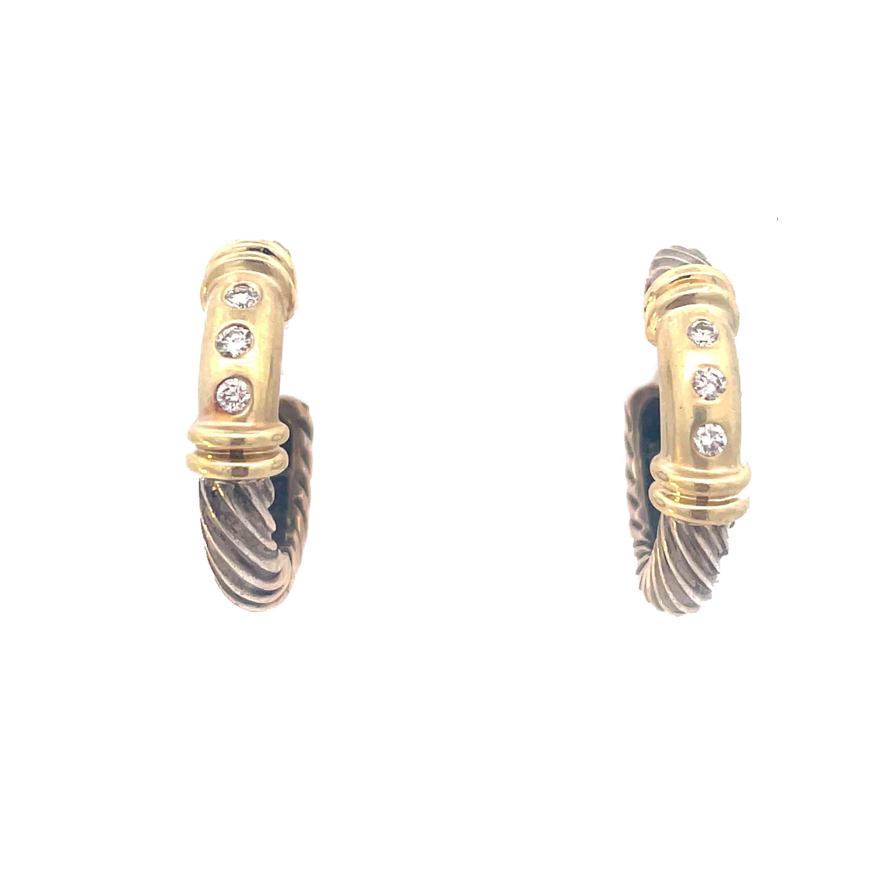 This is a classic pair of hoop earrings by David Yurman crafted in sterling silver and 14K yellow gold that showcases the infamous twisted rope metro design and is adorned with three sparkling round diamonds on each earring. These earrings are the