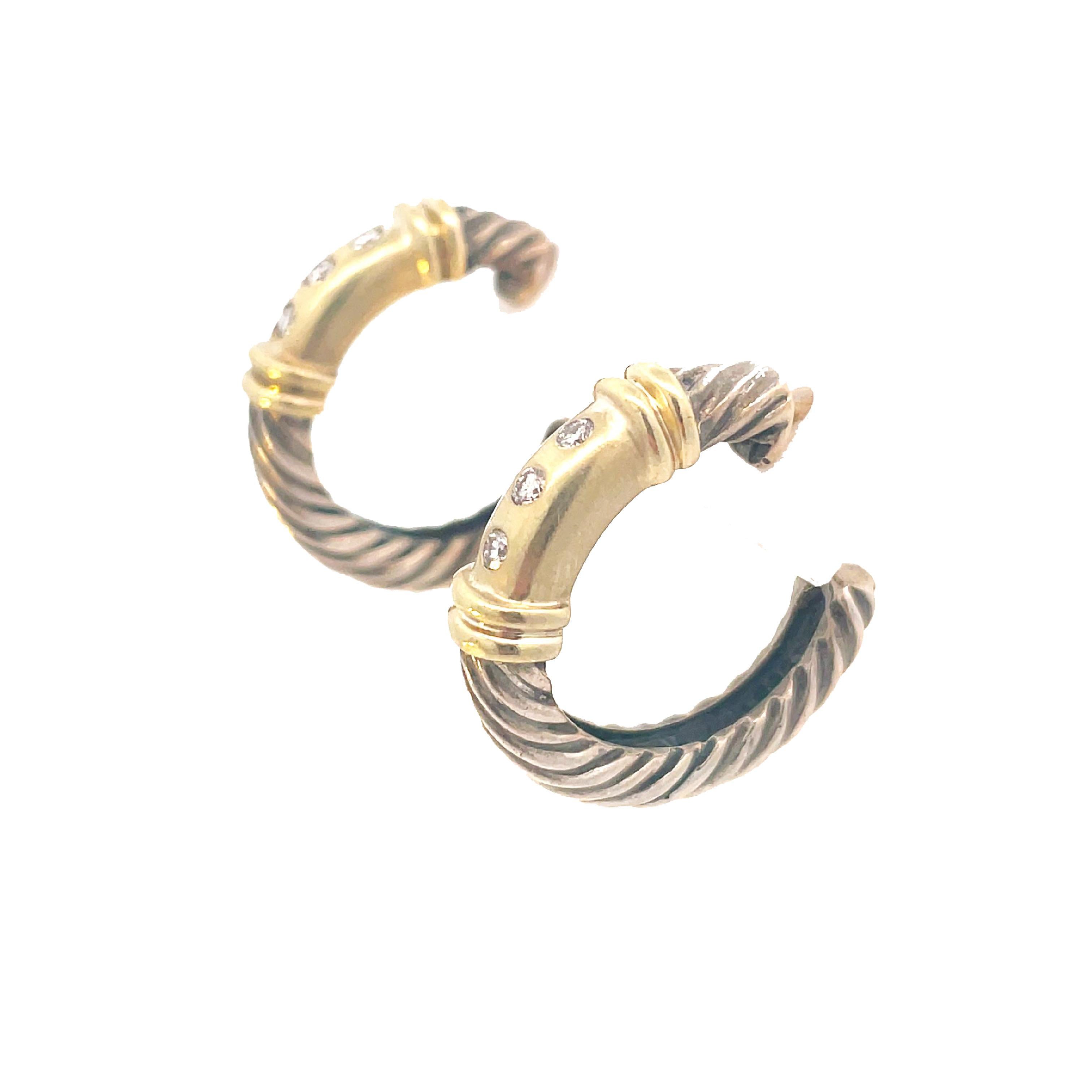 Round Cut David Yurman 14K Gold and Sterling Silver Diamond Metro Hoop Earrings