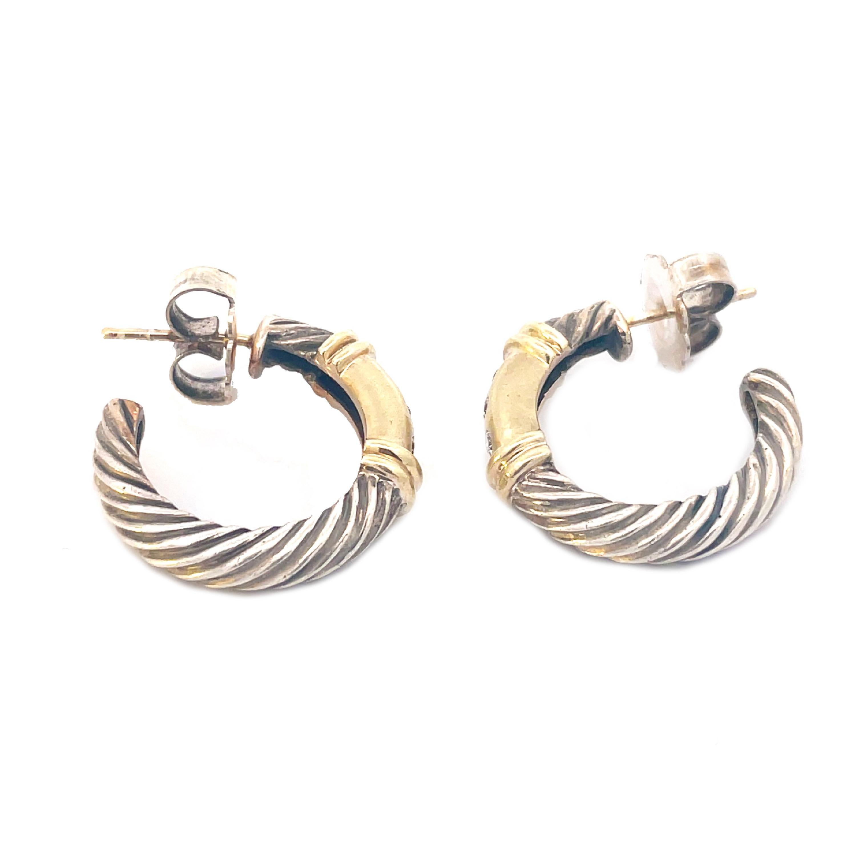 David Yurman 14K Gold and Sterling Silver Diamond Metro Hoop Earrings In Good Condition In Lexington, KY