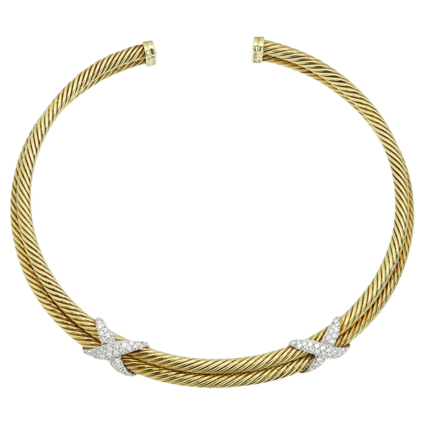 David Yurman 14k Gold Collar Necklace Double X Twisted wire For Sale