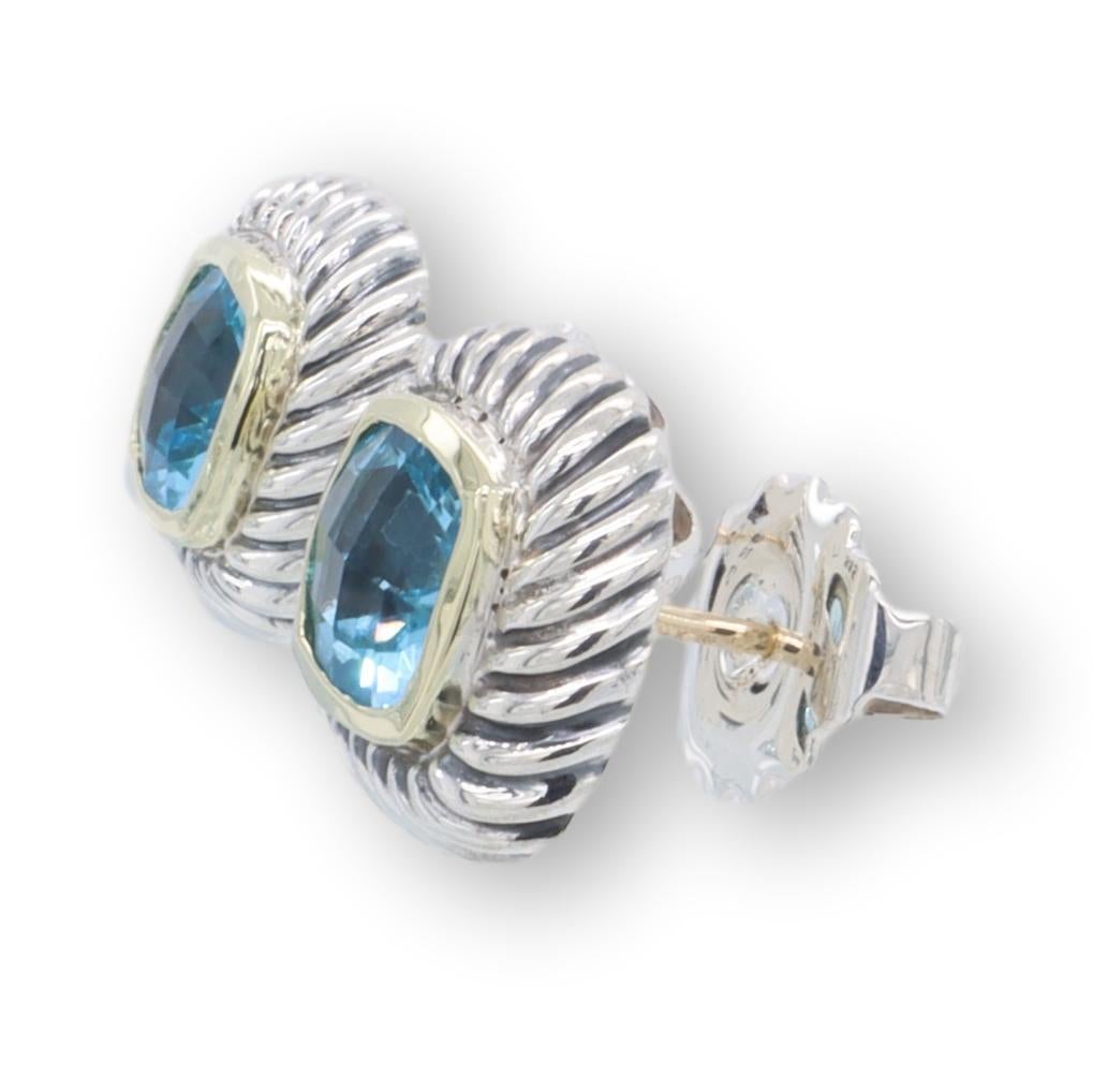 Contemporary David Yurman 14K Gold Silver Blue Topaz Cushion Albion Bezel Earrings Medium