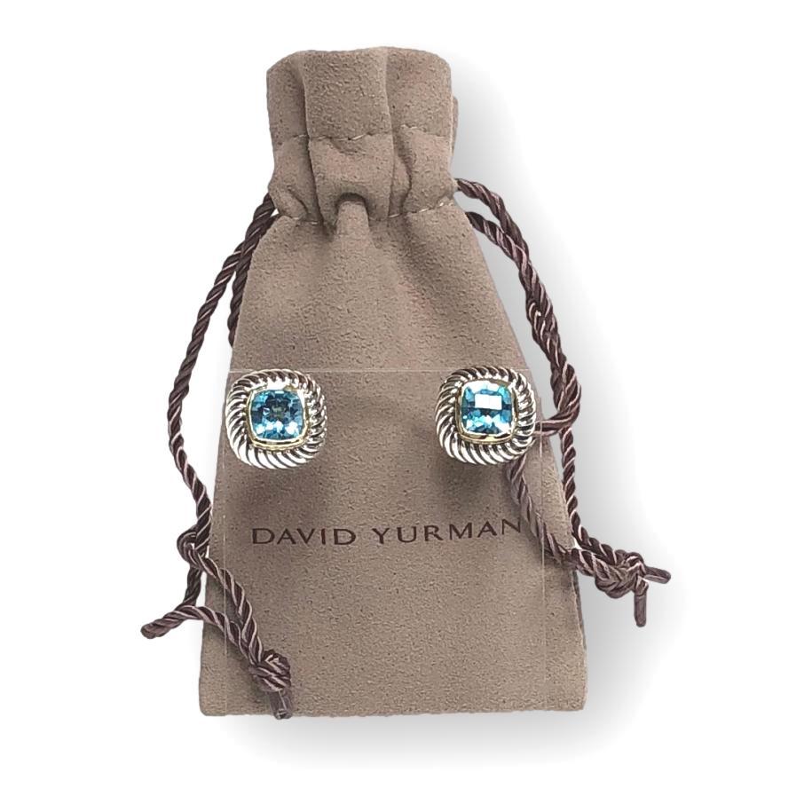 David Yurman 14K Gold Silver Blue Topaz Cushion Albion Bezel Earrings Medium In Excellent Condition In New York, NY