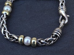 David Yurman 14k Gold & Sterling Silver Wheat Chain Pearl Bracelet 7.75"