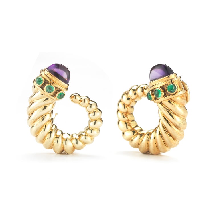 David Yurman 14 Karat Yellow Gold Amethyst and Emerald Cornucopia Earrings For Sale at 1stdibs