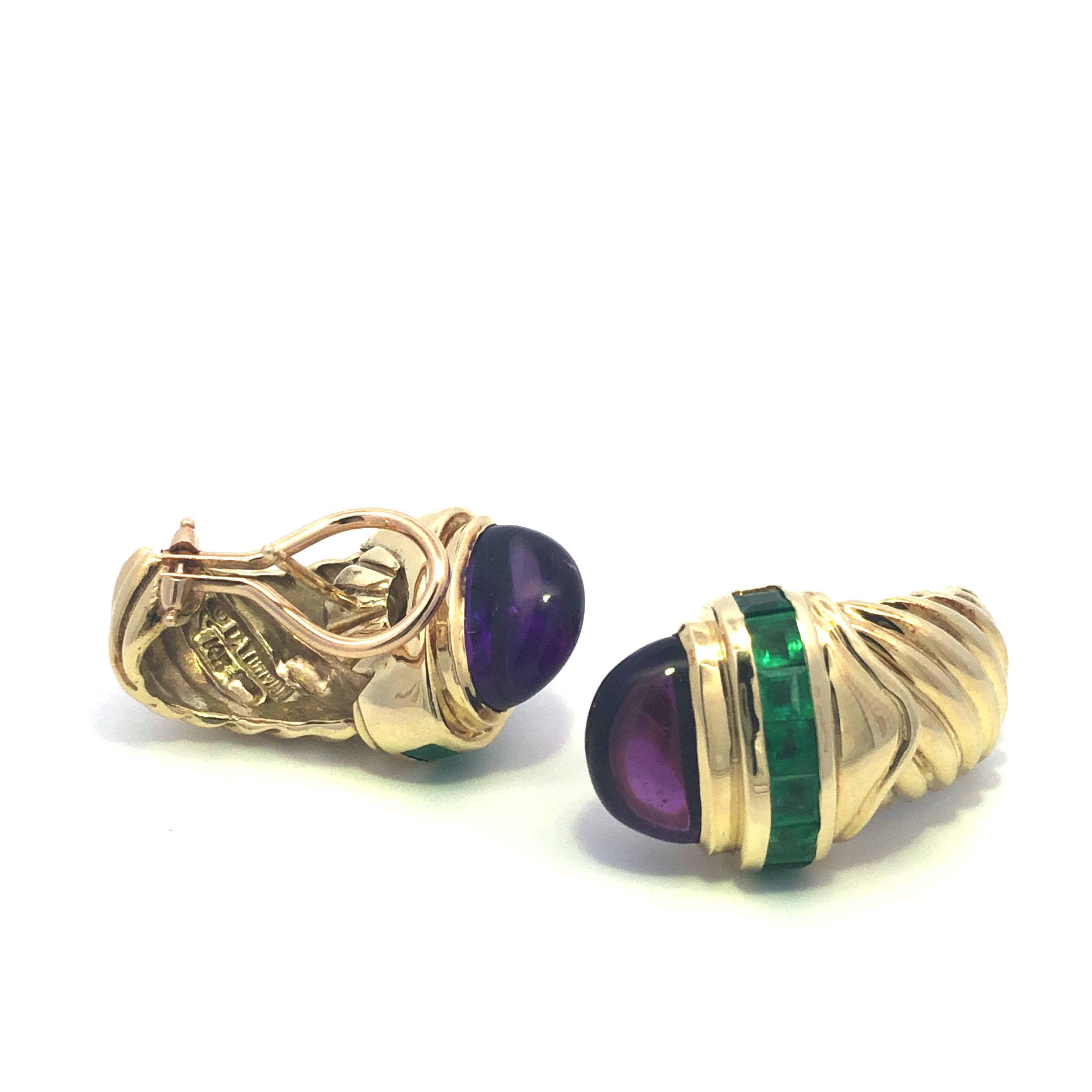 David Yurman Ohrringe aus 14 Karat Gelbgold mit Amethyst und Smaragd (Cabochon) im Angebot