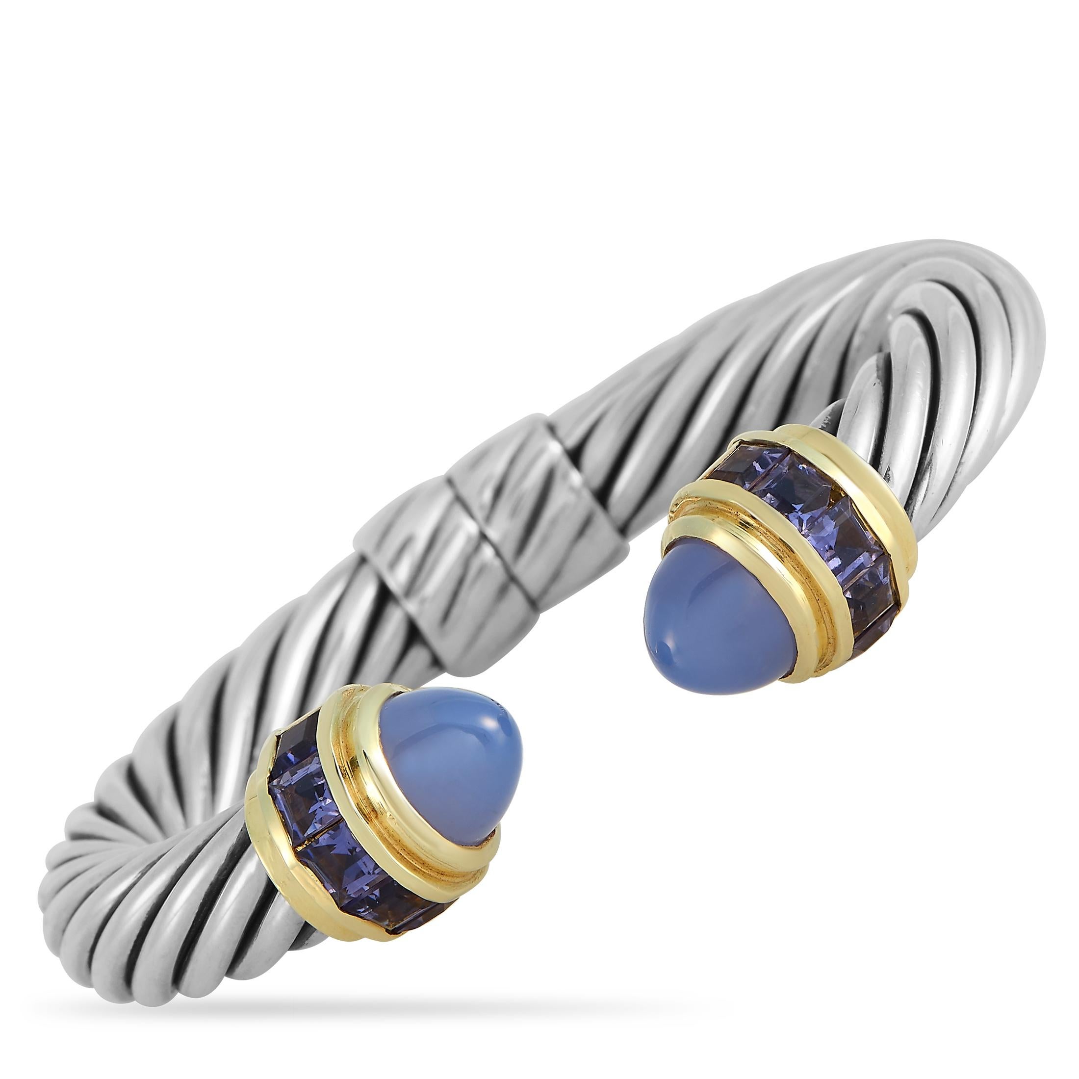 David Yurman 14K Yellow Gold and Silver Iolite and Chalcedony Cable Bracelet In Excellent Condition In Southampton, PA