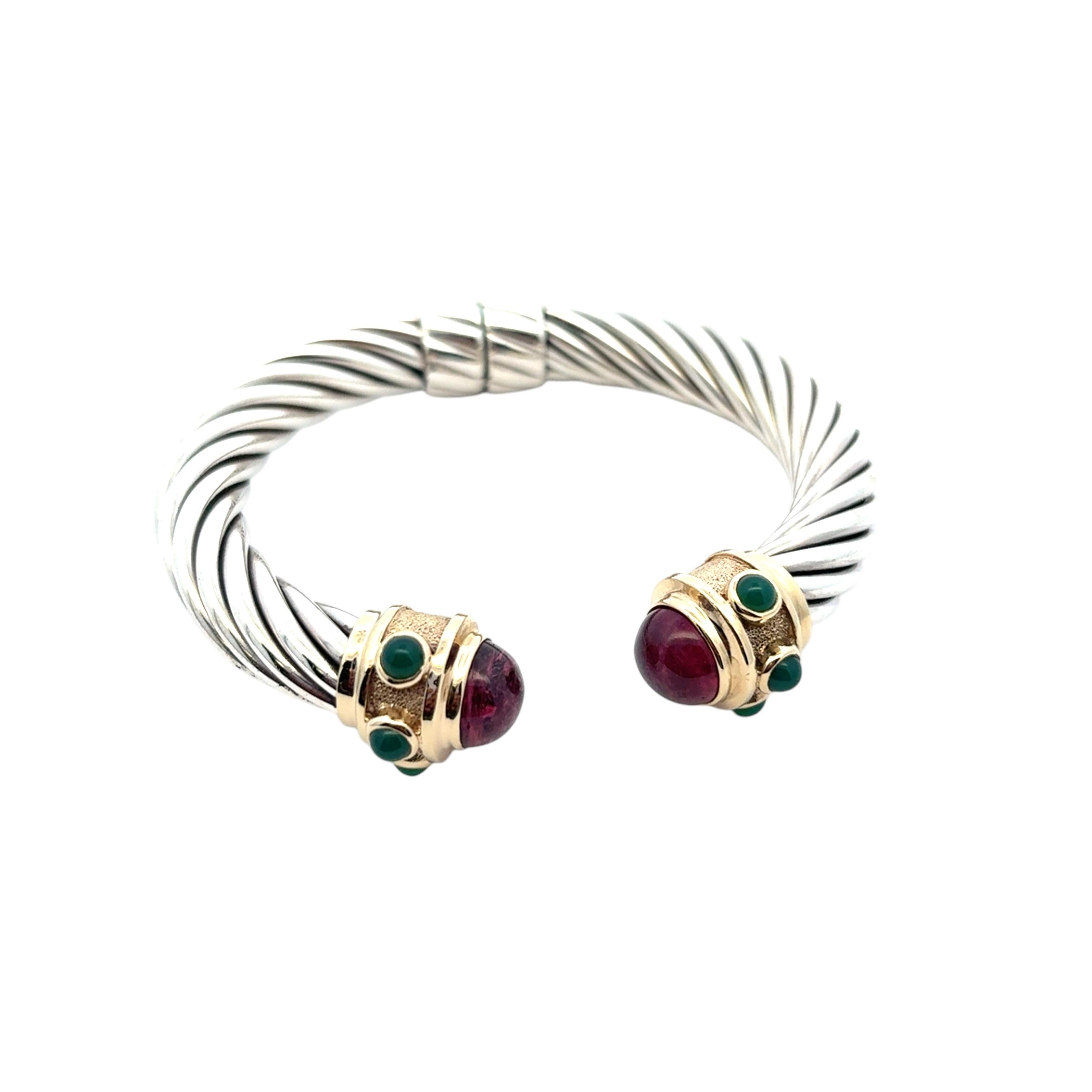Moderno David Yurman, bracciale in oro giallo 14k e argento 925 con ametista e crisofraso