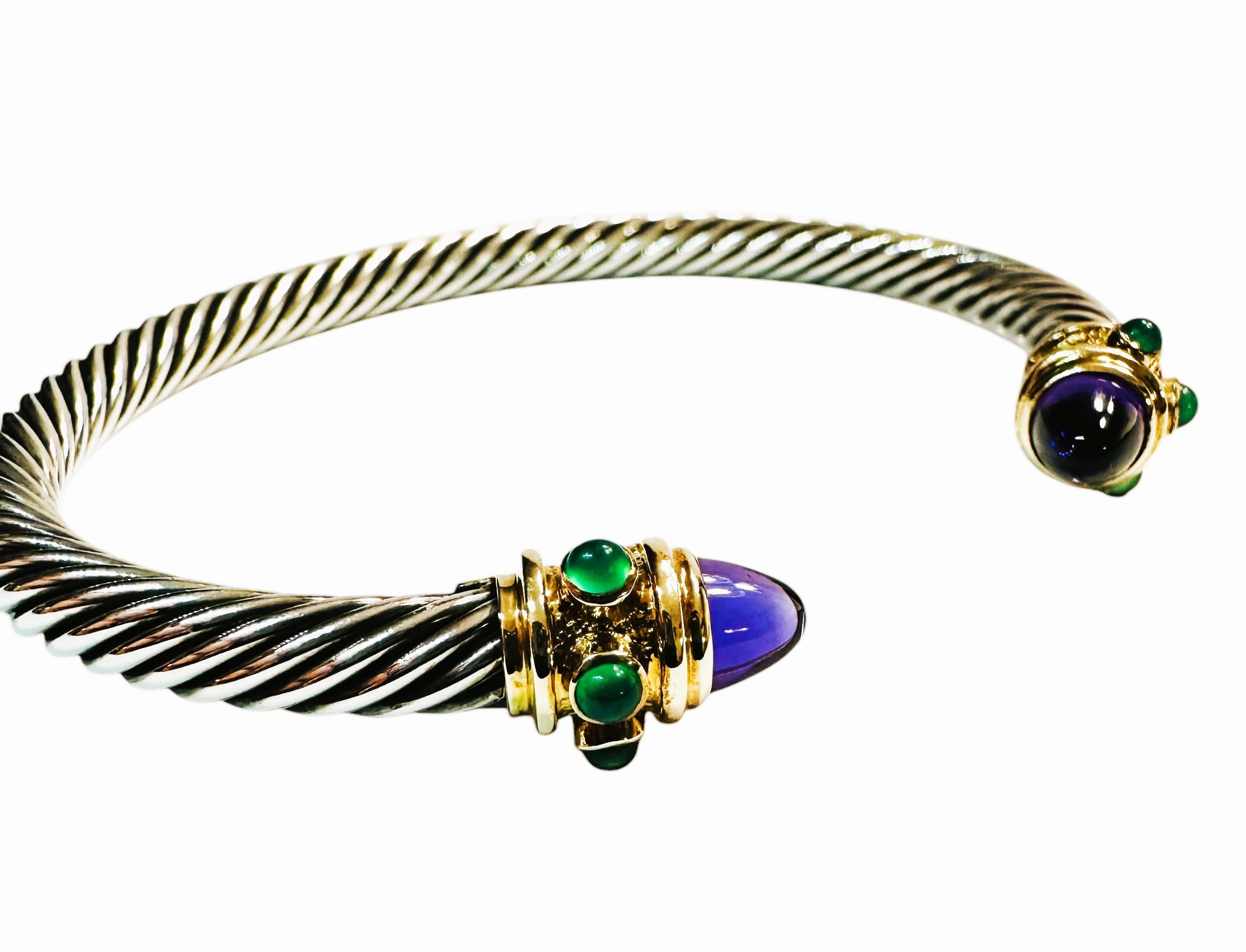 David Yurman 14k Yellow Gold and Sterling Silver Jeweled Open Bracelet In Excellent Condition In Eagan, MN