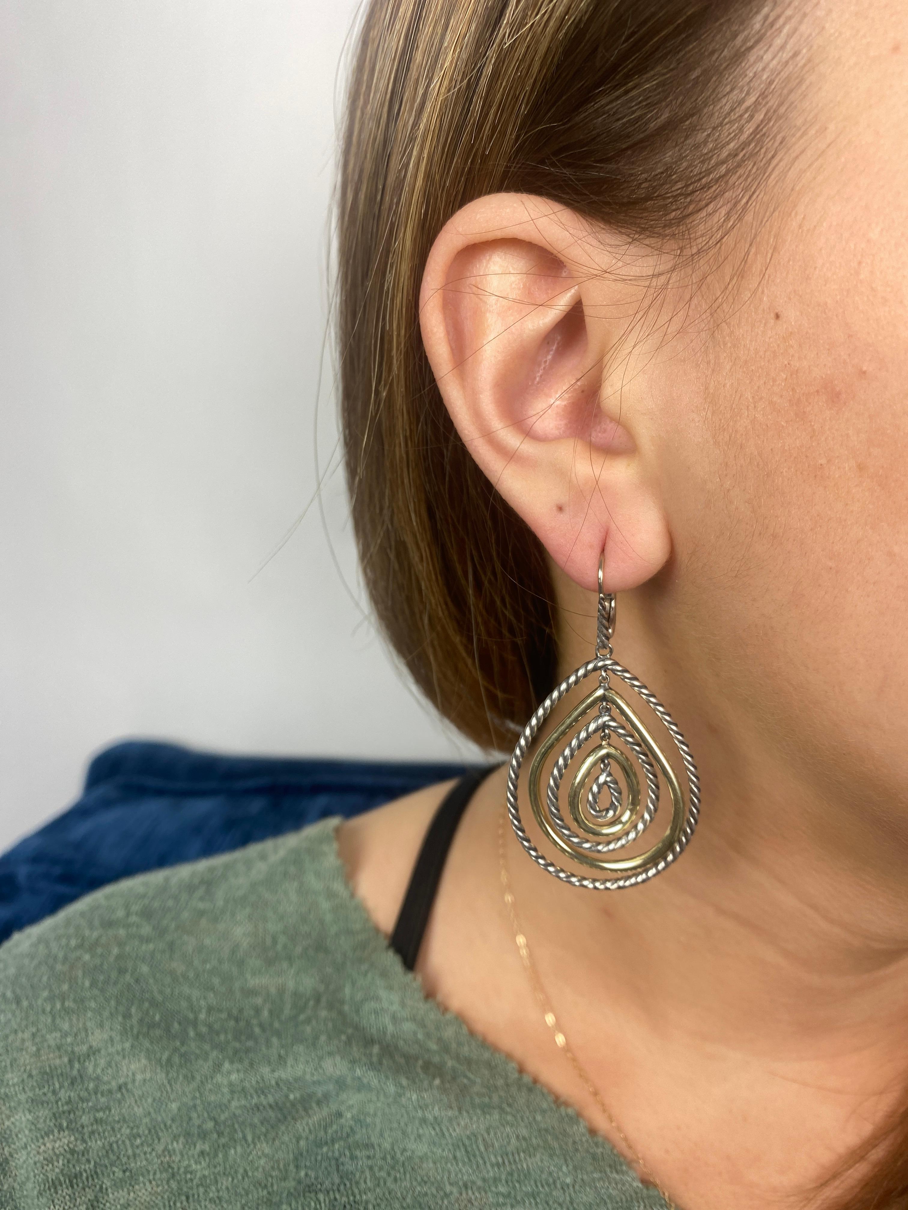 David Yurman 14K Yellow Gold and Sterling Silver Pear Shape Dangle Earrings In Good Condition In McLeansville, NC