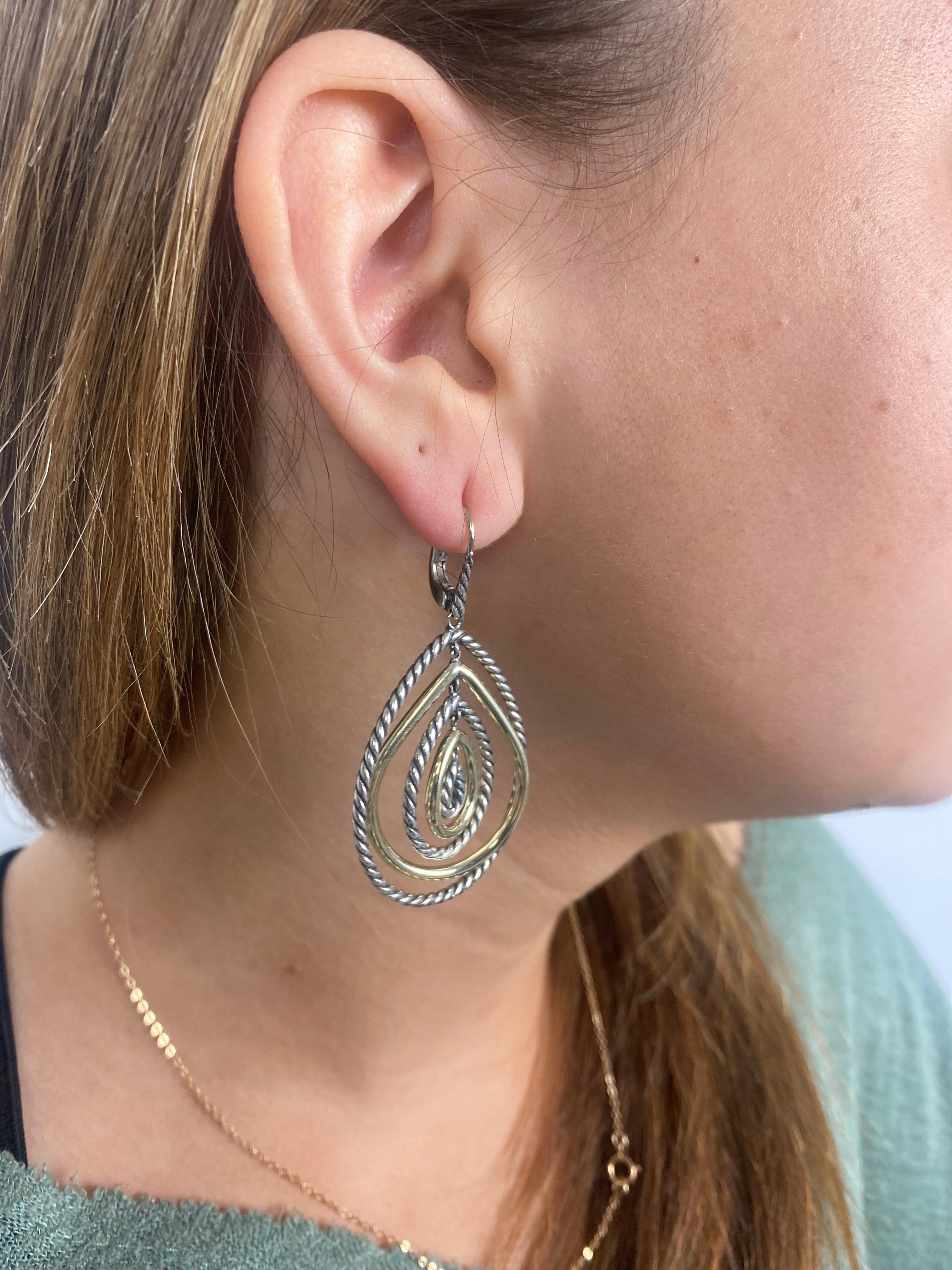 Women's or Men's David Yurman 14K Yellow Gold and Sterling Silver Pear Shape Dangle Earrings