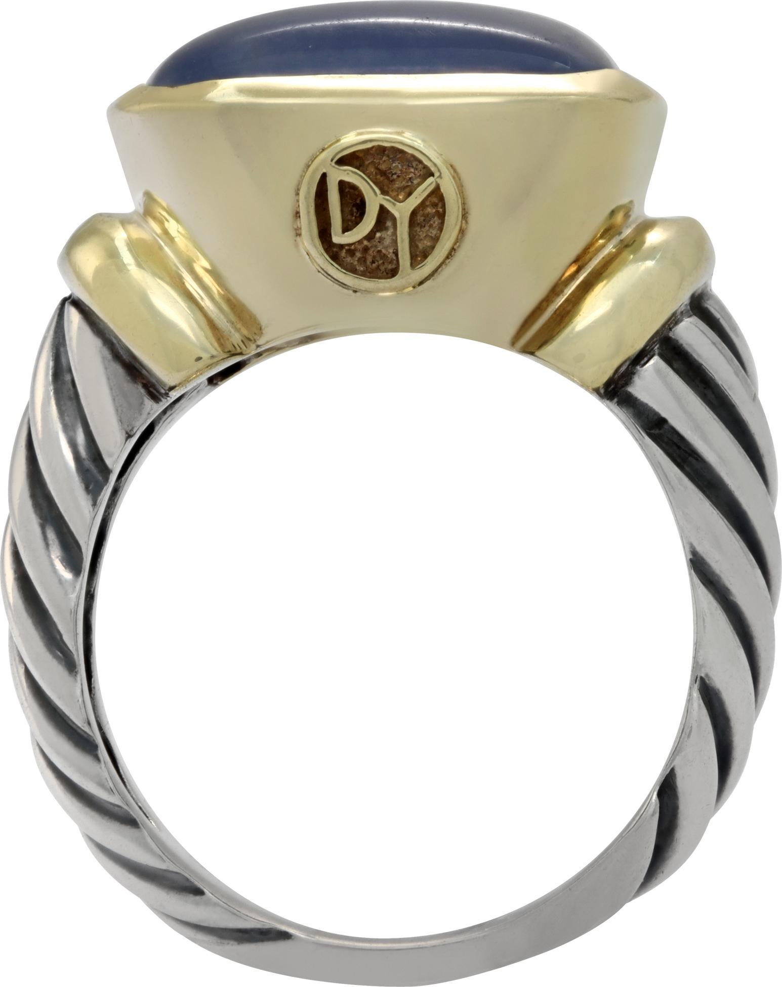 Women's or Men's David Yurman 14K yellow gold and sterling silver with a cabochon calcedony. For Sale