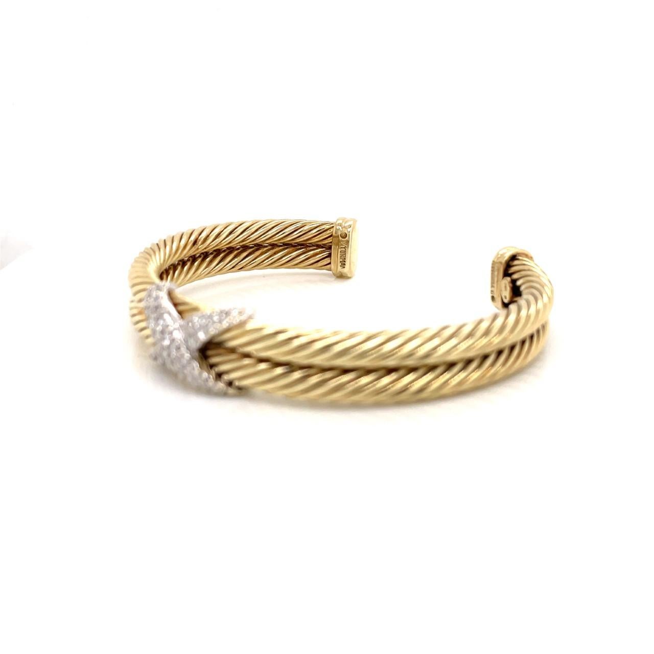 Round Cut David Yurman 14k Yellow Gold Crossover Cable Bracelet with Pave Diamonds