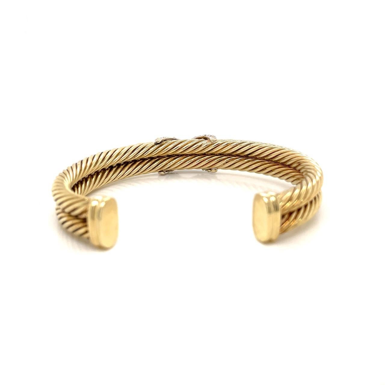 David Yurman 14k Yellow Gold Crossover Cable Bracelet with Pave Diamonds In Good Condition In Newport Beach, CA