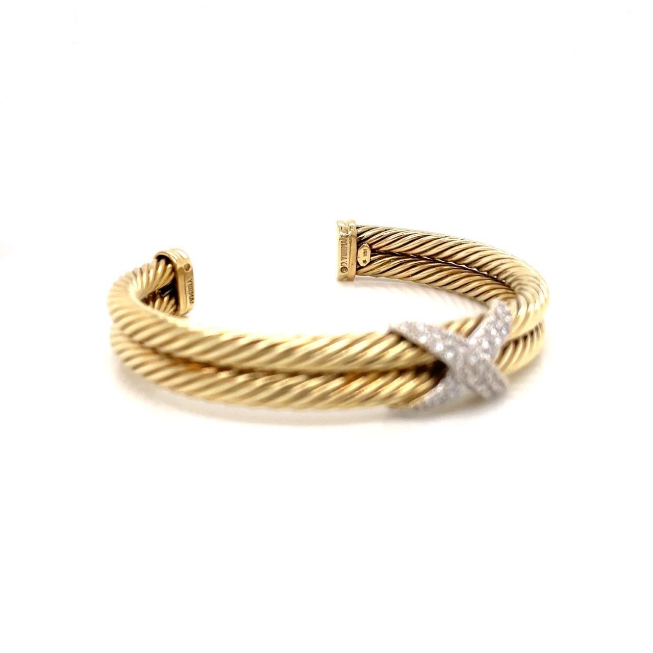 Women's David Yurman 14k Yellow Gold Crossover Cable Bracelet with Pave Diamonds