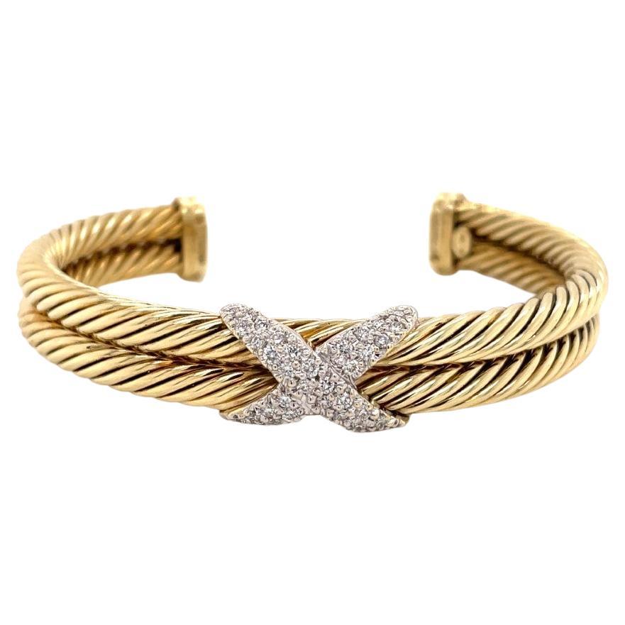 David Yurman 14k Yellow Gold Crossover Cable Bracelet with Pave Diamonds