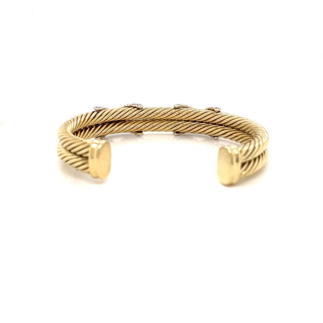 David Yurman 14k Yellow Gold Double X Pave Diamonds Crossover Cable Bracelet In Good Condition In Newport Beach, CA