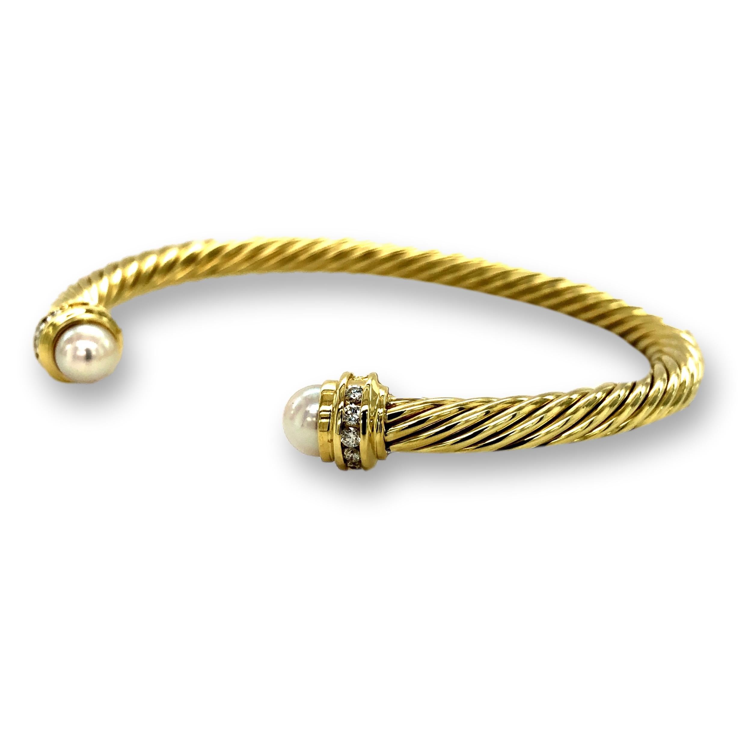 Contemporary David Yurman 14K Yellow Gold Pearls and Diamonds Cable Bracelet