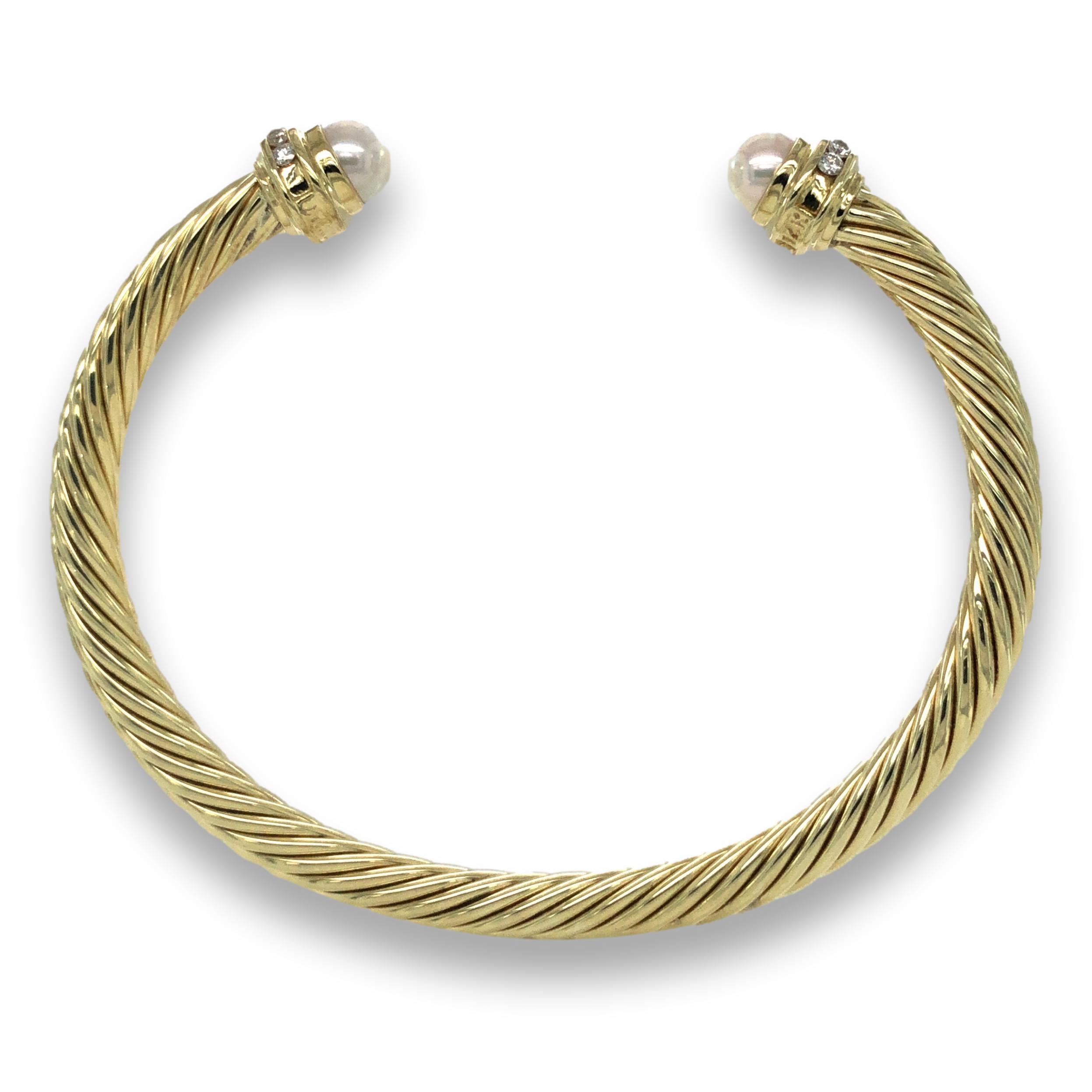 Round Cut David Yurman 14K Yellow Gold Pearls and Diamonds Cable Bracelet