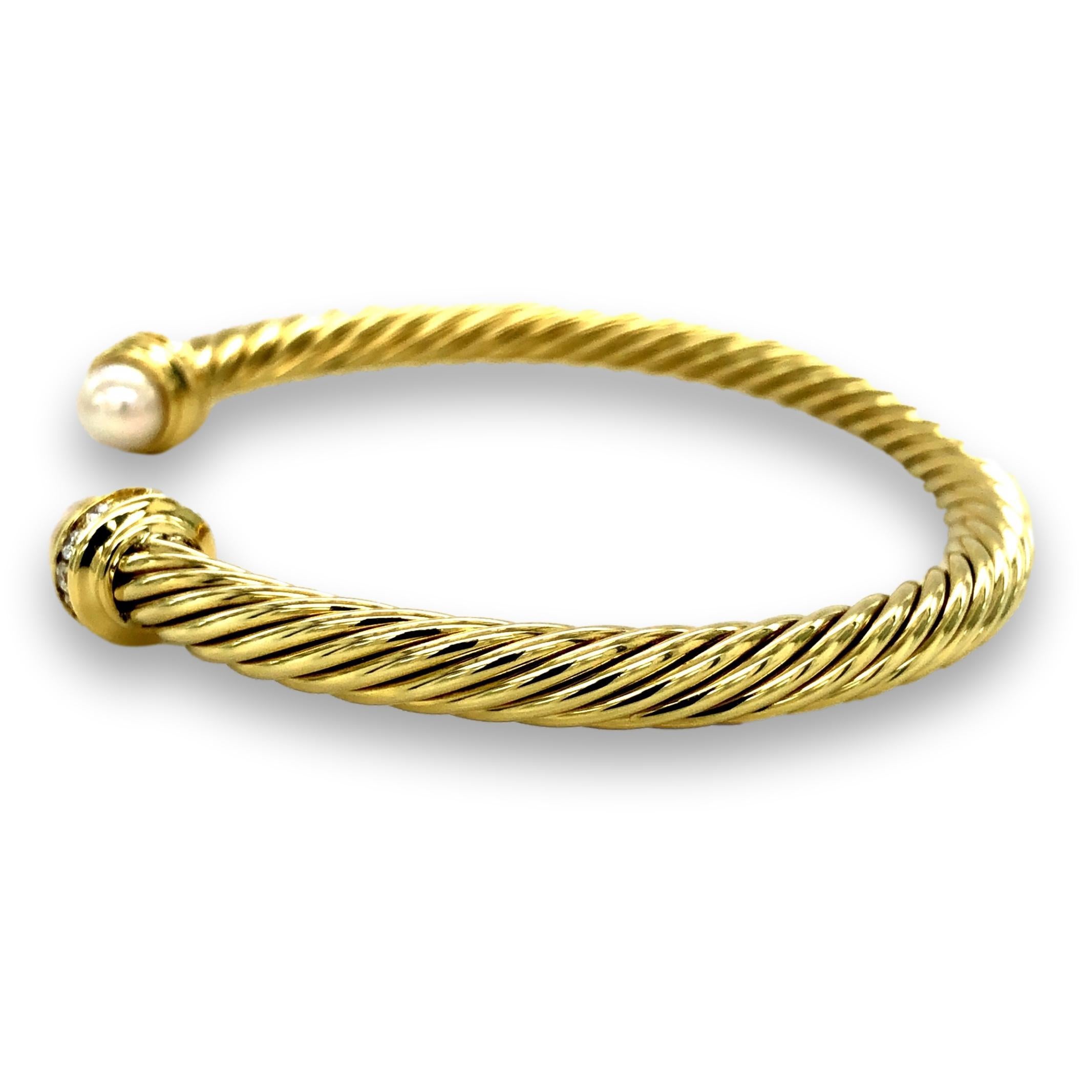 Round Cut David Yurman 14K Yellow Gold Pearls and Diamonds Cable Bracelet