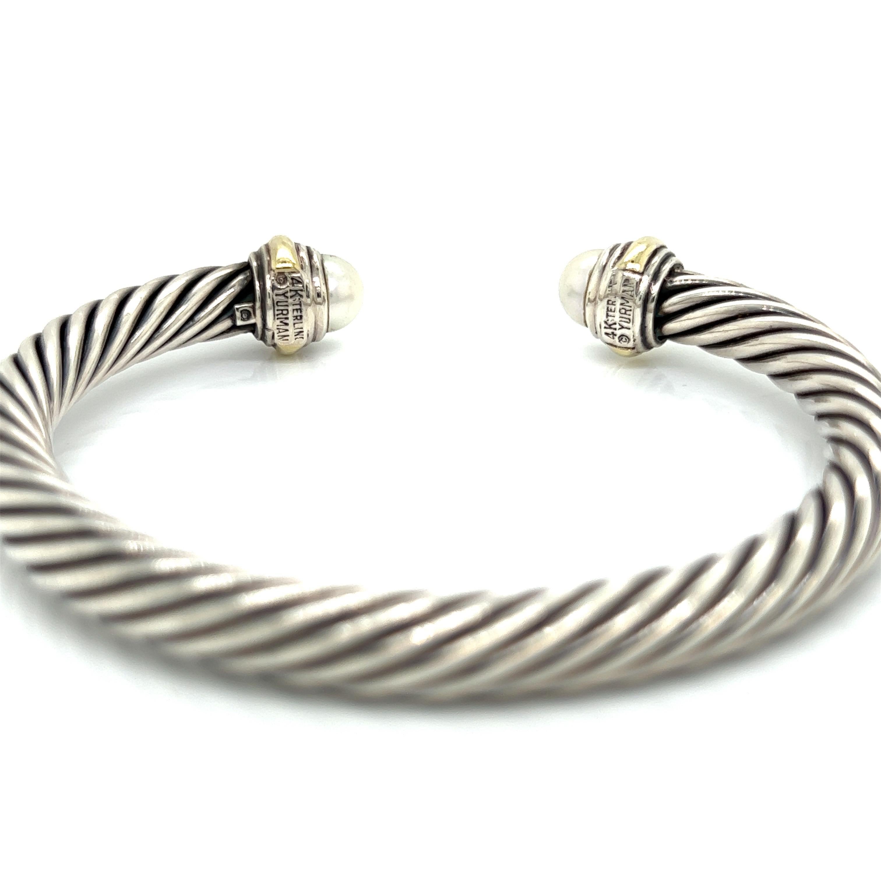 Round Cut David Yurman 14k Yellow Gold, Silver and Pearl Cable Bracelet