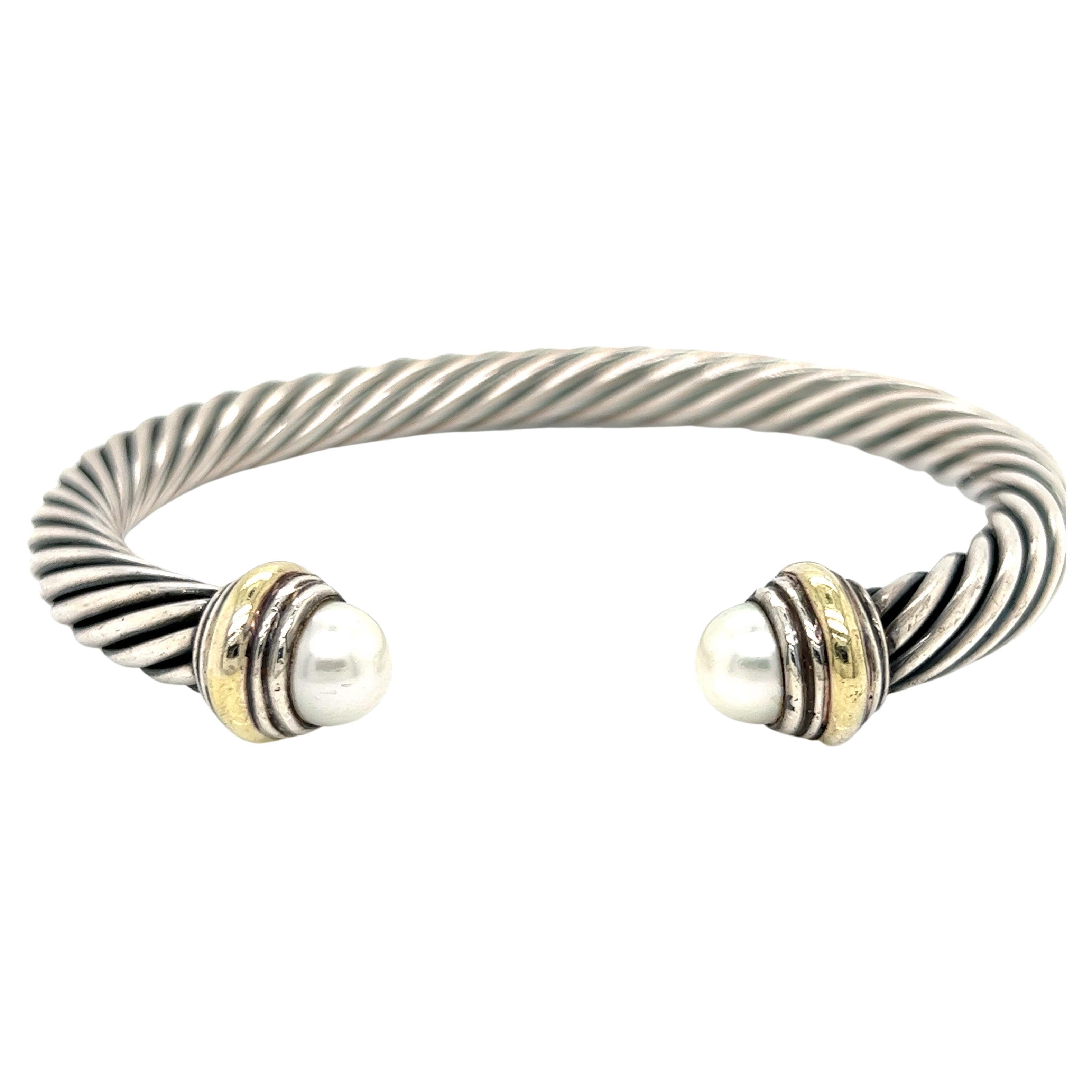David Yurman 14k Yellow Gold, Silver and Pearl Cable Bracelet