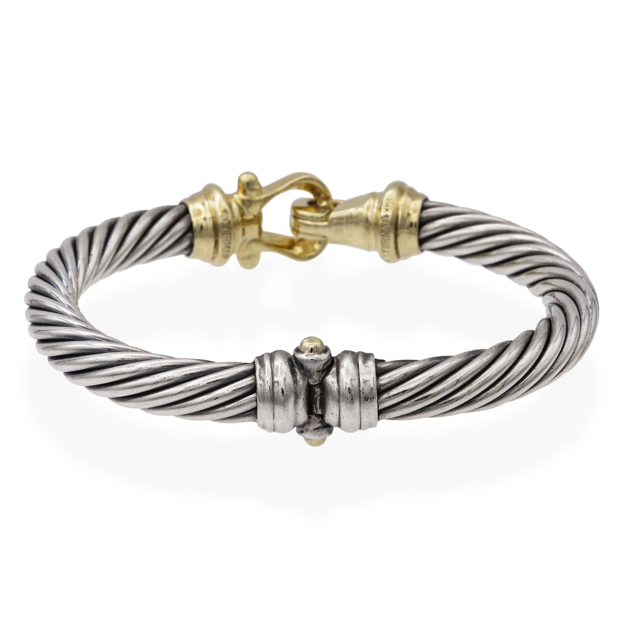 David Yurman 14K Yellow Goldes & Sterling Silver Buckle Hook Hinged Cuff Bracelet en vente 1