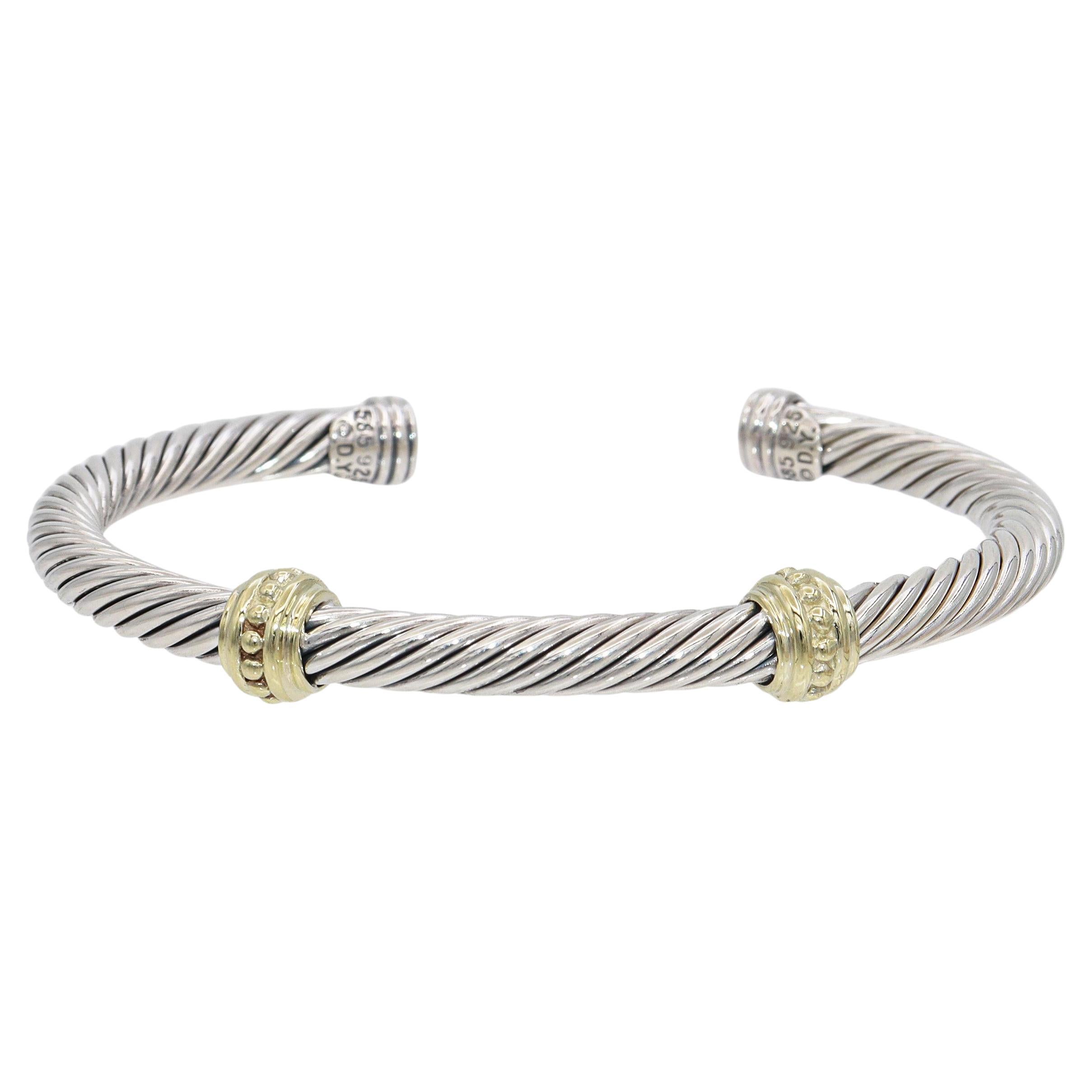 David Yurman 14K Yellow Gold 
Sterling Silver Cable Cuff Bracelet in vendita