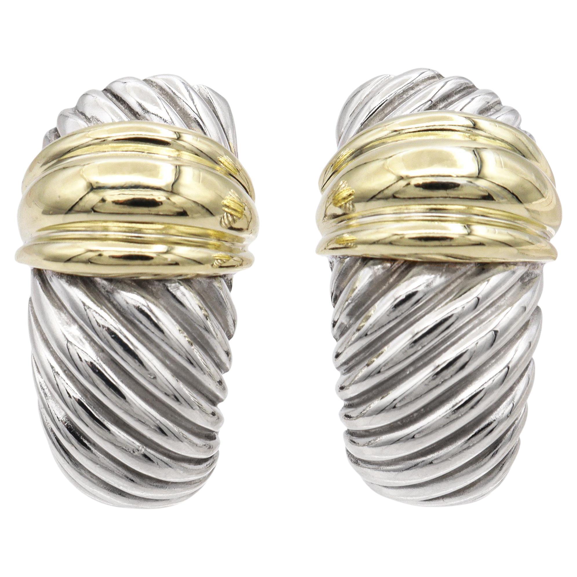 David Yurman 14K Yellow Gold 
Sterling Silver Cable Shrimp Earrings For Sale