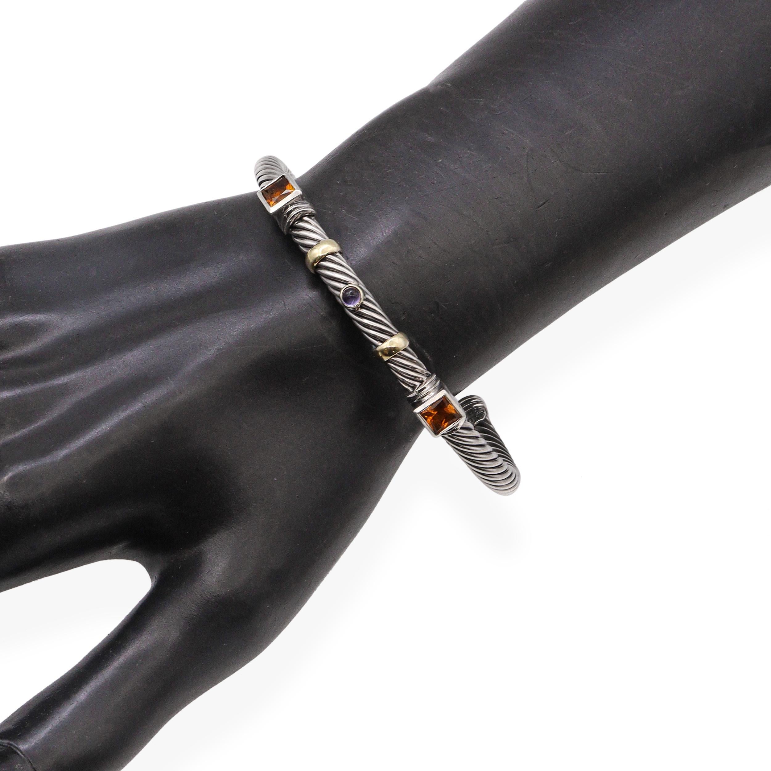 Square Cut David Yurman 14K Yellow Gold & Sterling Silver Citrine Amethyst Cuff Bracelet For Sale