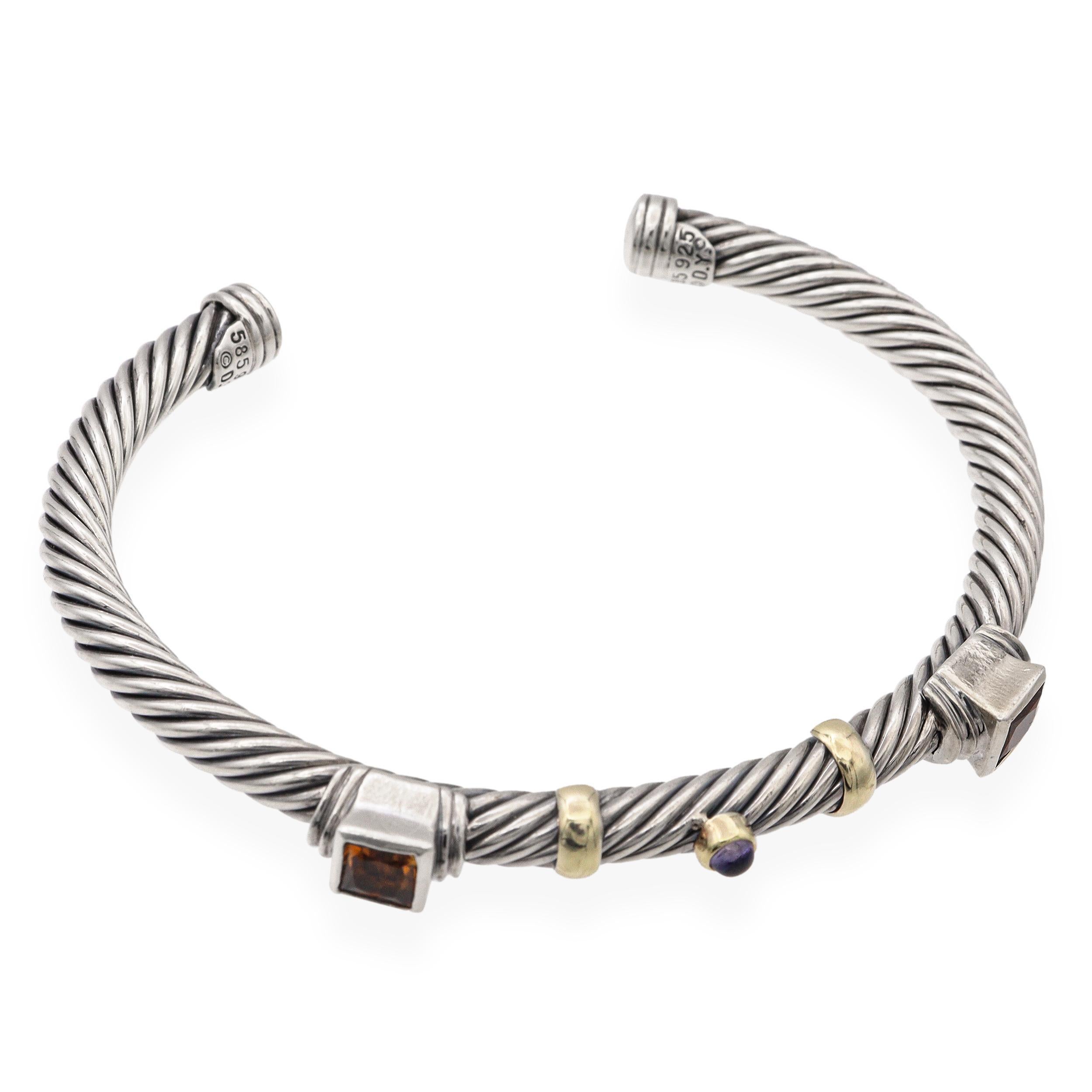 David Yurman 14K Yellow Gold & Sterling Silver Citrine Amethyst Cuff Bracelet For Sale 1