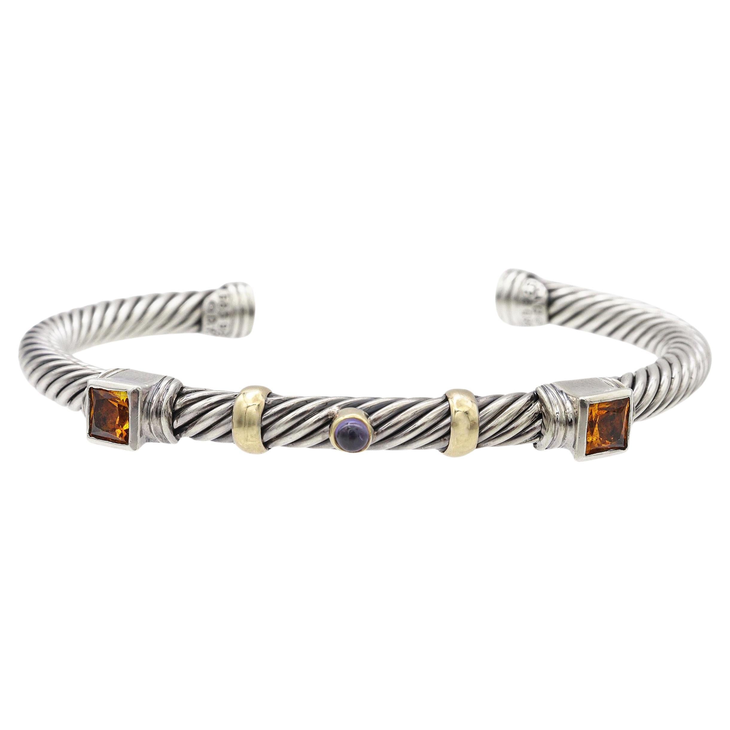 David Yurman 14K Yellow Gold & Sterling Silver Citrine Amethyst Cuff Bracelet