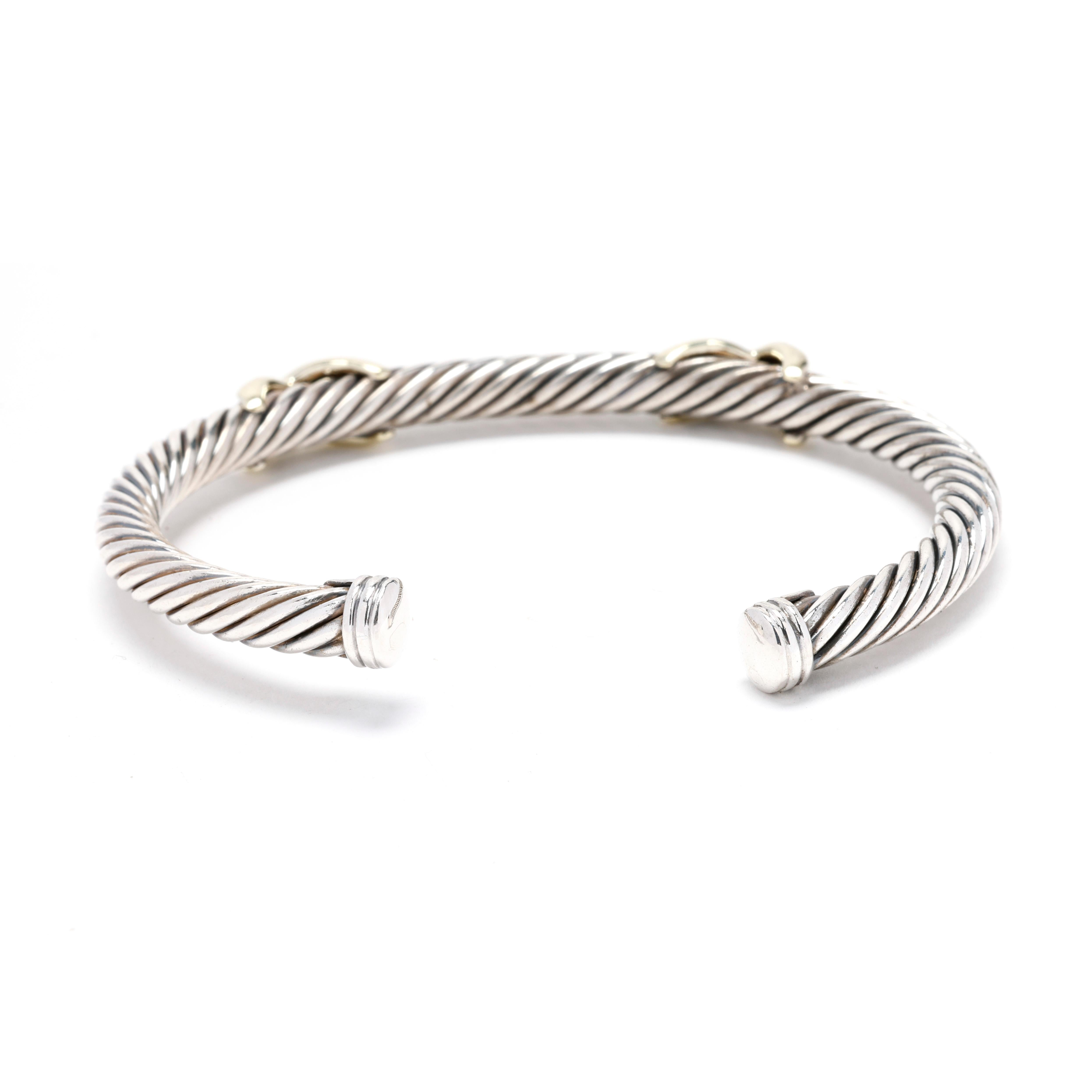 David Yurman 14K Yellow Gold & Sterling Silver Double X Cable Cuff Bracelet  In Good Condition For Sale In McLeansville, NC
