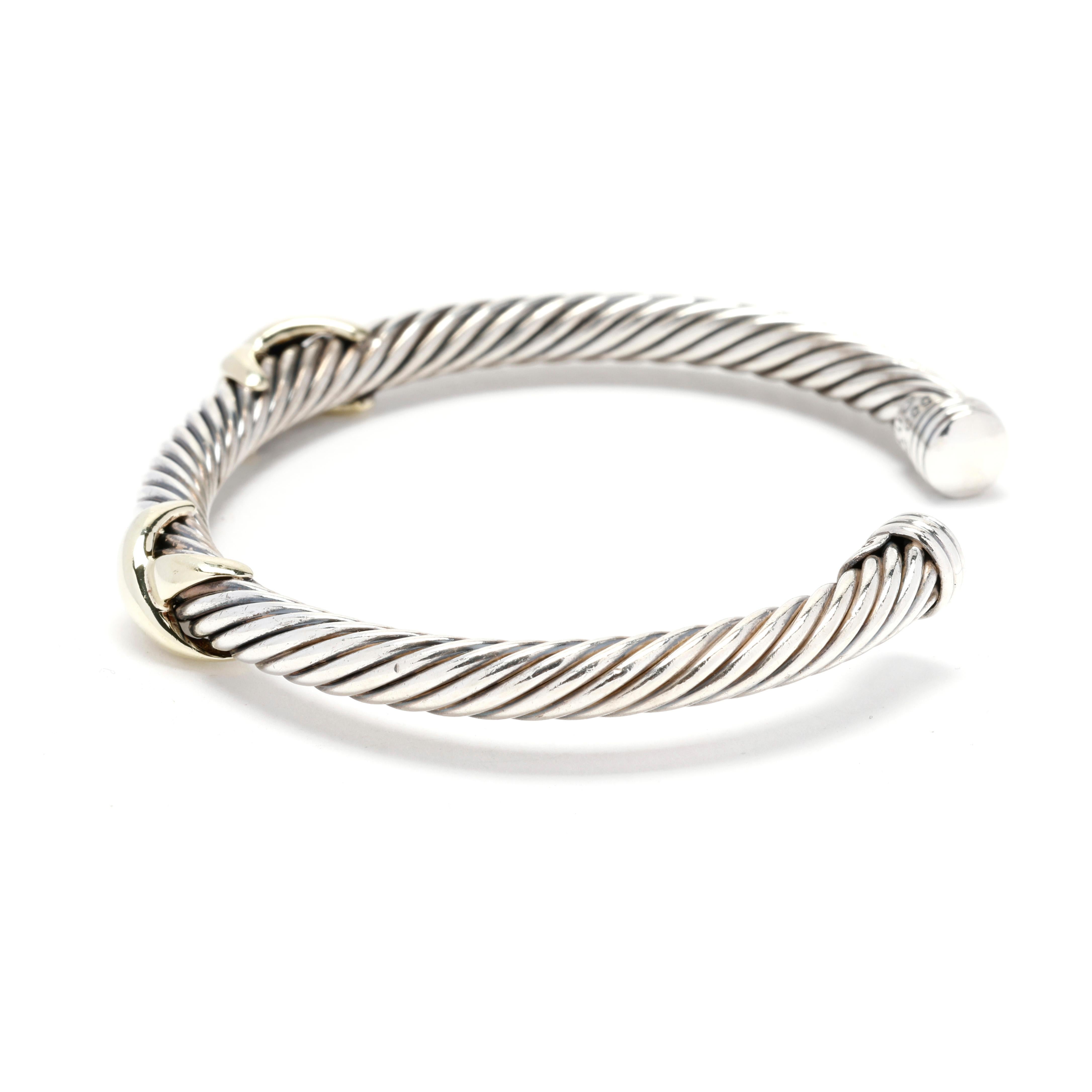 Women's or Men's David Yurman 14K Yellow Gold & Sterling Silver Double X Cable Cuff Bracelet  For Sale